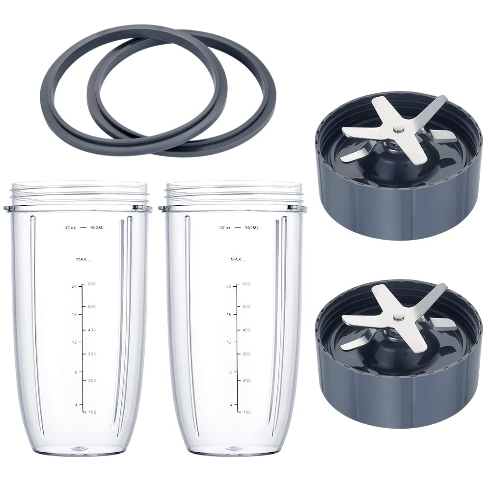 NutriBullet Replacement Parts - 32OZ Cups (2Pcs), Rubber Gaskets (2Pcs) & Extractor Blade - Compatible with NutriBullet 600W/900W Blenders - Perfect for Smoothies, Juicing & Food Prep (6 PCS Set)