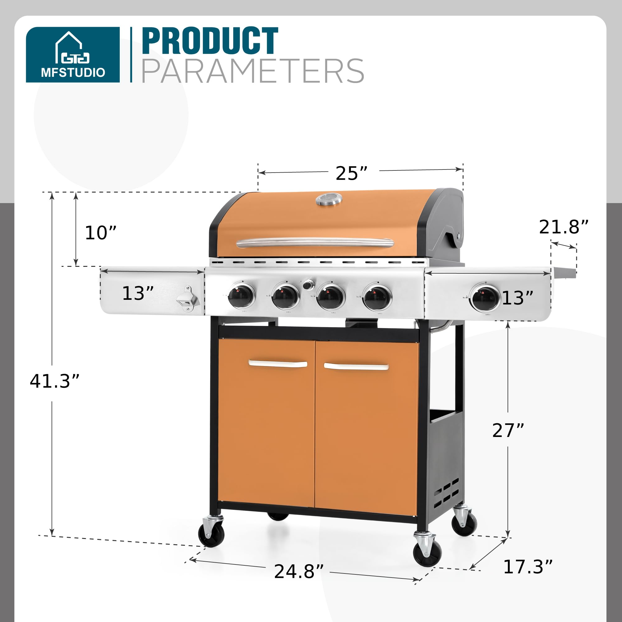 MFSTUDIO 4-Burner Propane Gas Grill - Stainless Steel BBQ Grill with Side Burner & Porcelain-Enameled Cast Iron Grates | High Output Outdoor Cooking for Backyard, Patio, Camping & Tailgating | Gold Finish