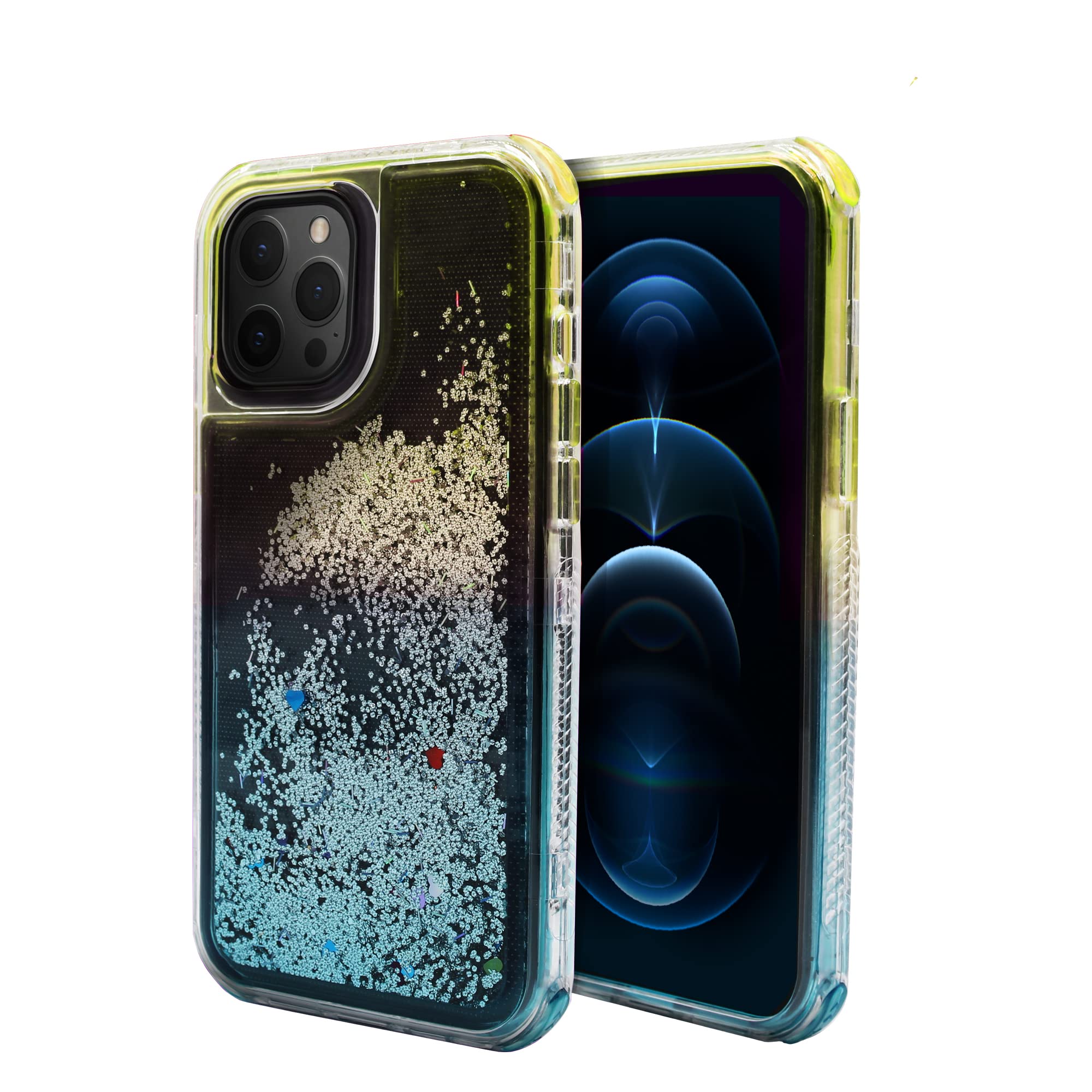 Shockproof Glitter Phone Case for iPhone 12 Pro Max - Cute 2-Tone Moving Sand Design, Anti-Scratch Full Body Protection (Gold & Sky Blue) | Perfect for Everyday Use, Travel & Gift Giving