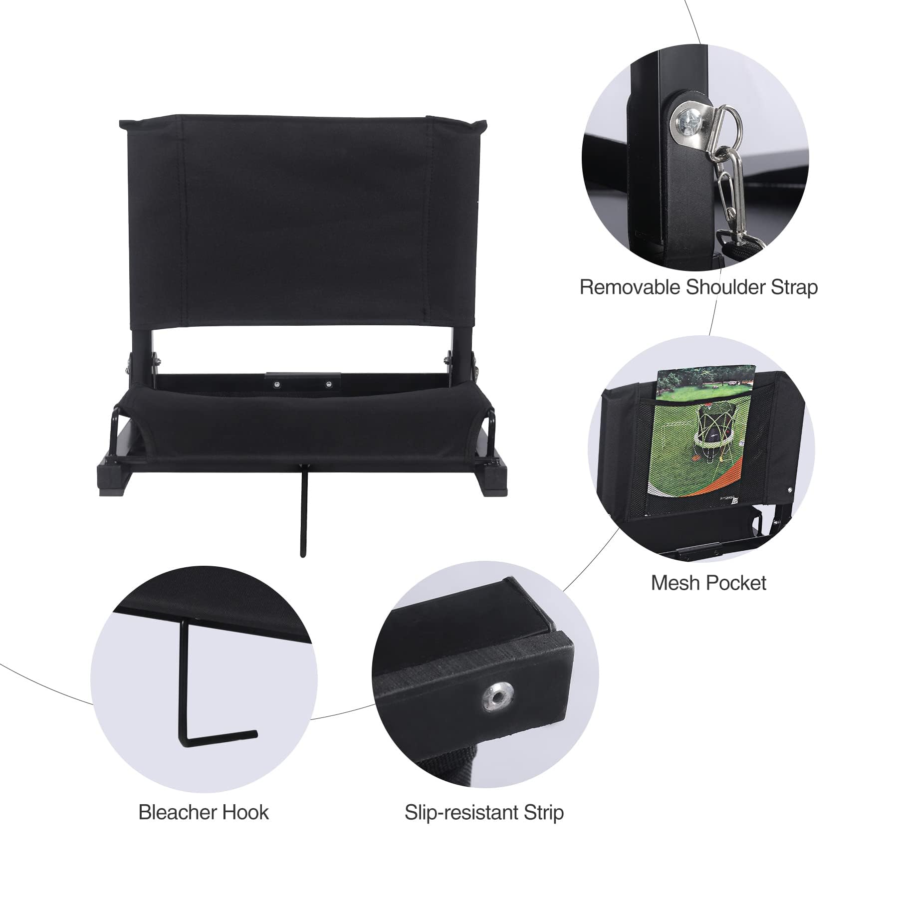 REDCAMP Portable Folding Stadium Seat with Back Support, Cup Holder & Storage Pocket - Lightweight Bleacher Chair for Outdoor Sports, Concerts, Camping & Picnics - Comfortable Bench Seat Cushion (Black)