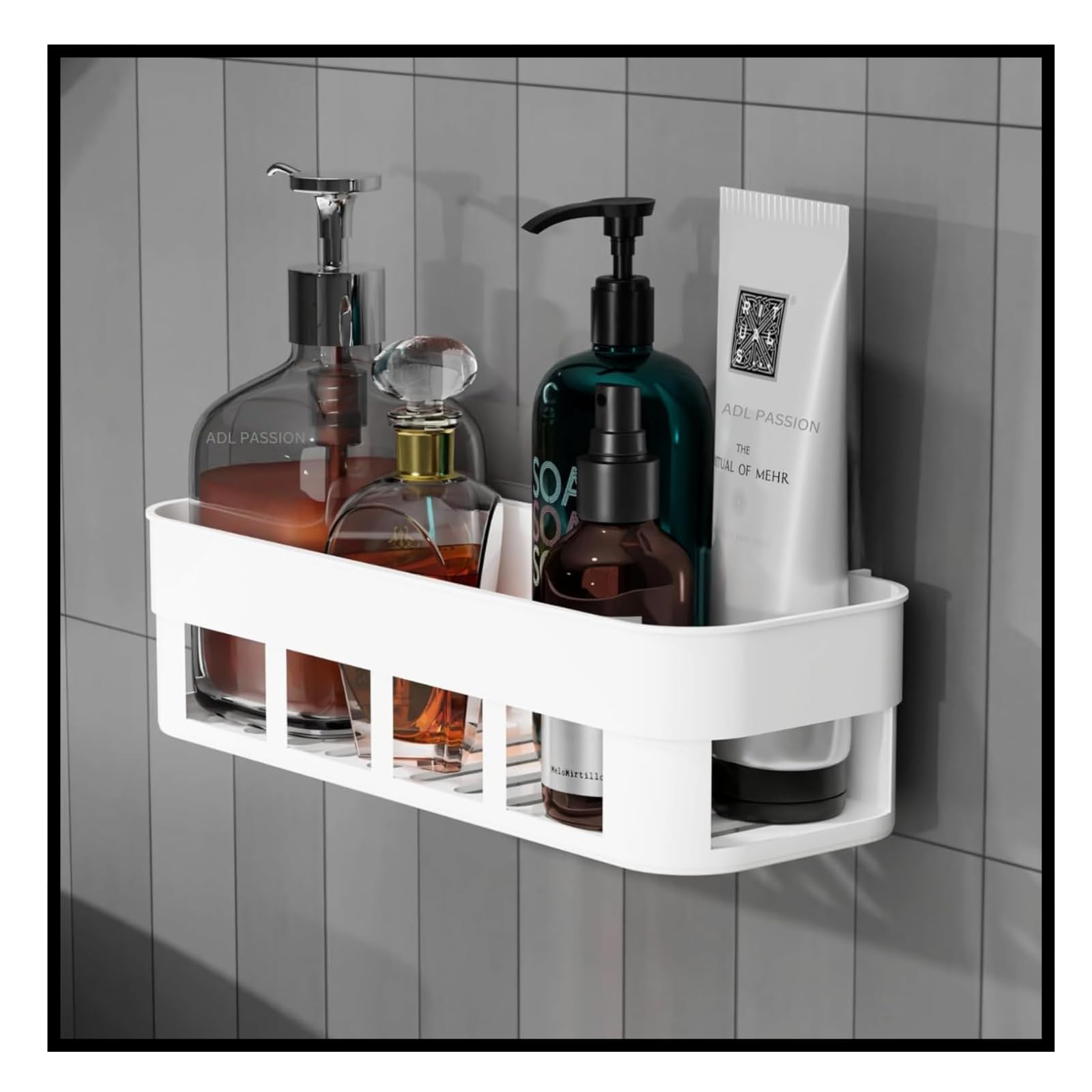 ADL PASSION White Wall Mounted Bathroom Shelf - Self Adhesive Plastic Shower Organizer for Toiletries, Cosmetics & Essentials - Perfect for Small Bathrooms, Showers & Vanities (Waterproof & Space-Saving)