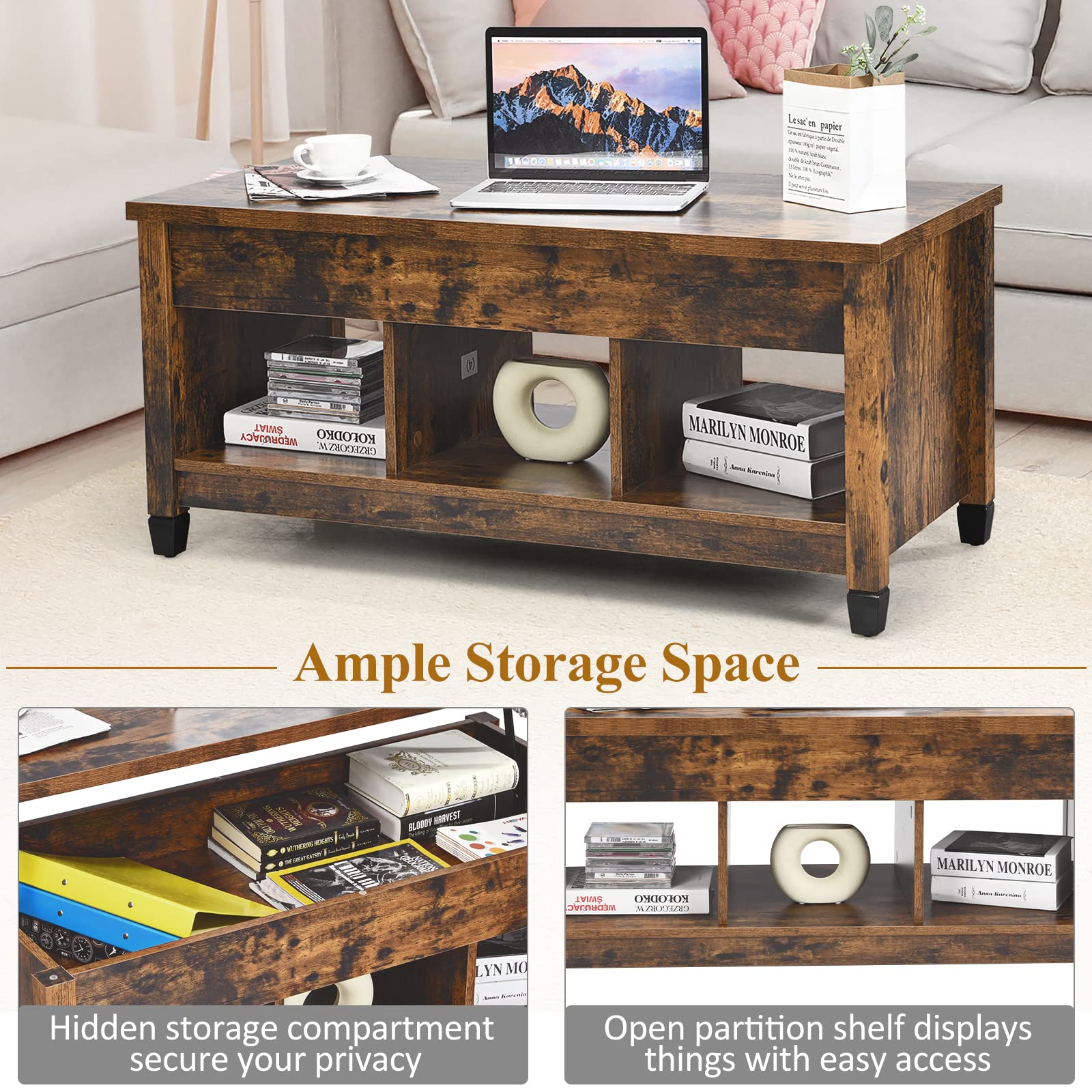 KOTEK Lift Top Coffee Table with Hidden Storage & Open Shelves - Modern Lift-Top Accent Table for Living Room, Reception Area - Rustic Brown Finish - Perfect for Small Spaces, Home Office & Apartment Decor