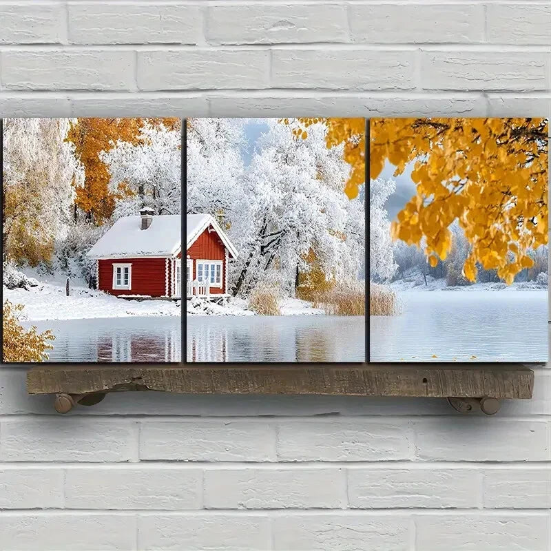 3pcs A House in The Snow Yellow Leaves Metal Wall Art Prints - Ready to Hang Winter Landscape Decor for Living Room, Bedroom & Office
