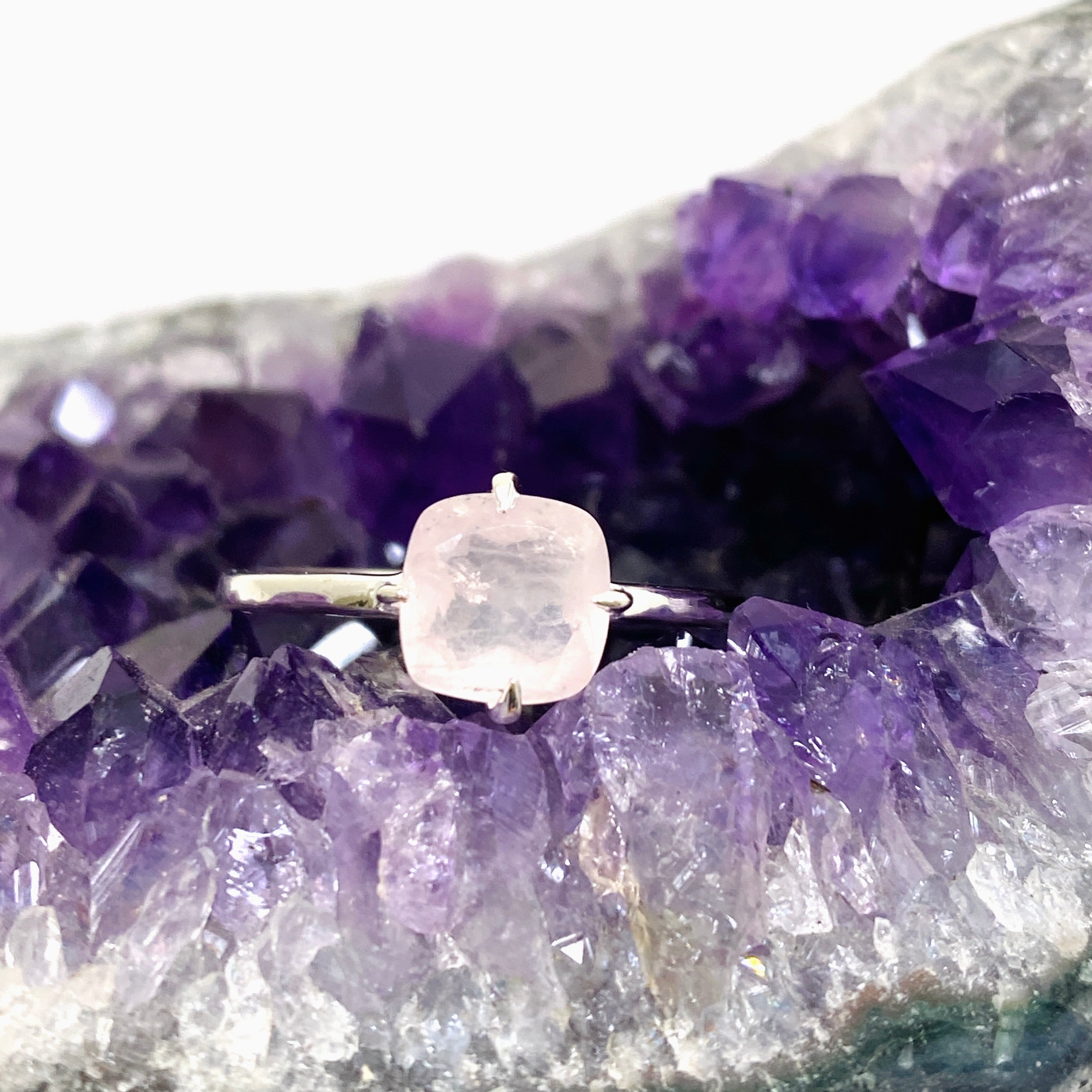 Rose Quartz Faceted Square Solitaire Ring R4806 - Elegant Healing Crystal Jewelry for Women, Perfect for Meditation, Gifts & Everyday Wear