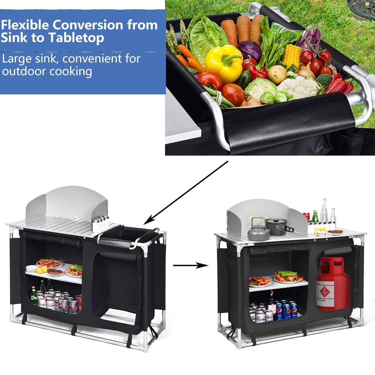 Giantex Portable Outdoor Camping Kitchen Table with Windscreen & Removable Sink | Foldable BBQ Grill Station for Camping, Backyard Parties, Picnics & Outdoor Cooking | Heavy-Duty Aluminum Frame for Stability