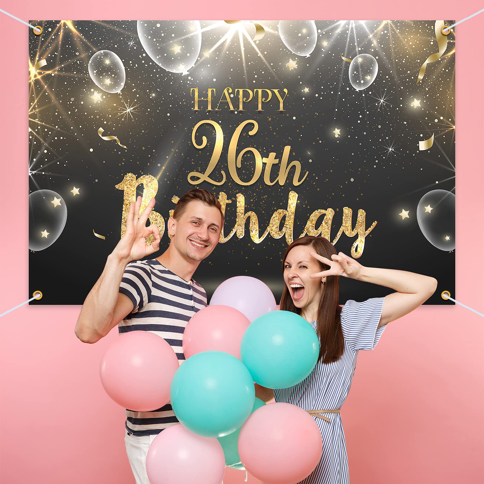 Happy 26th Birthday Glitter Banner Backdrop - 6x4ft Black Gold Shining Party Decor for Women & Men | Perfect for Birthday Celebrations, Photo Booths & Anniversary Parties