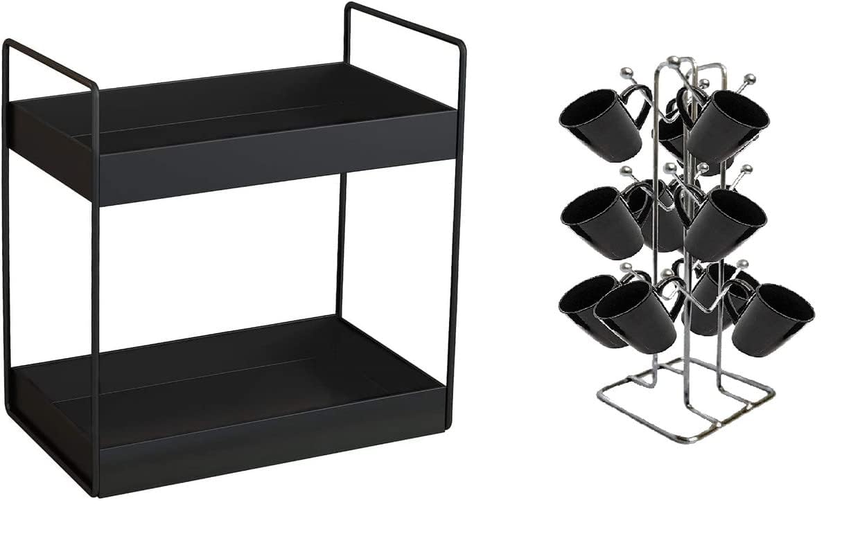 2-Tier Metal Kitchen Countertop Organizer with Cup Holder - Space-Saving Storage Rack for Spices, Utensils & Mugs - Perfect for Small Kitchens, Dining Tables & Office Desks - Black (2-Pack)