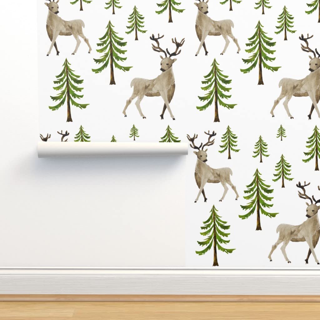 Removable Wallpaper Swatch - Winter Deer Woodland Nursery Decor for Baby Boy & Girl | Green Forest Custom Pre-Pasted Wallpaper by Spoonflower | Perfect for Kids' Room, Nursery, Playroom & Bedroom Accent Wall
