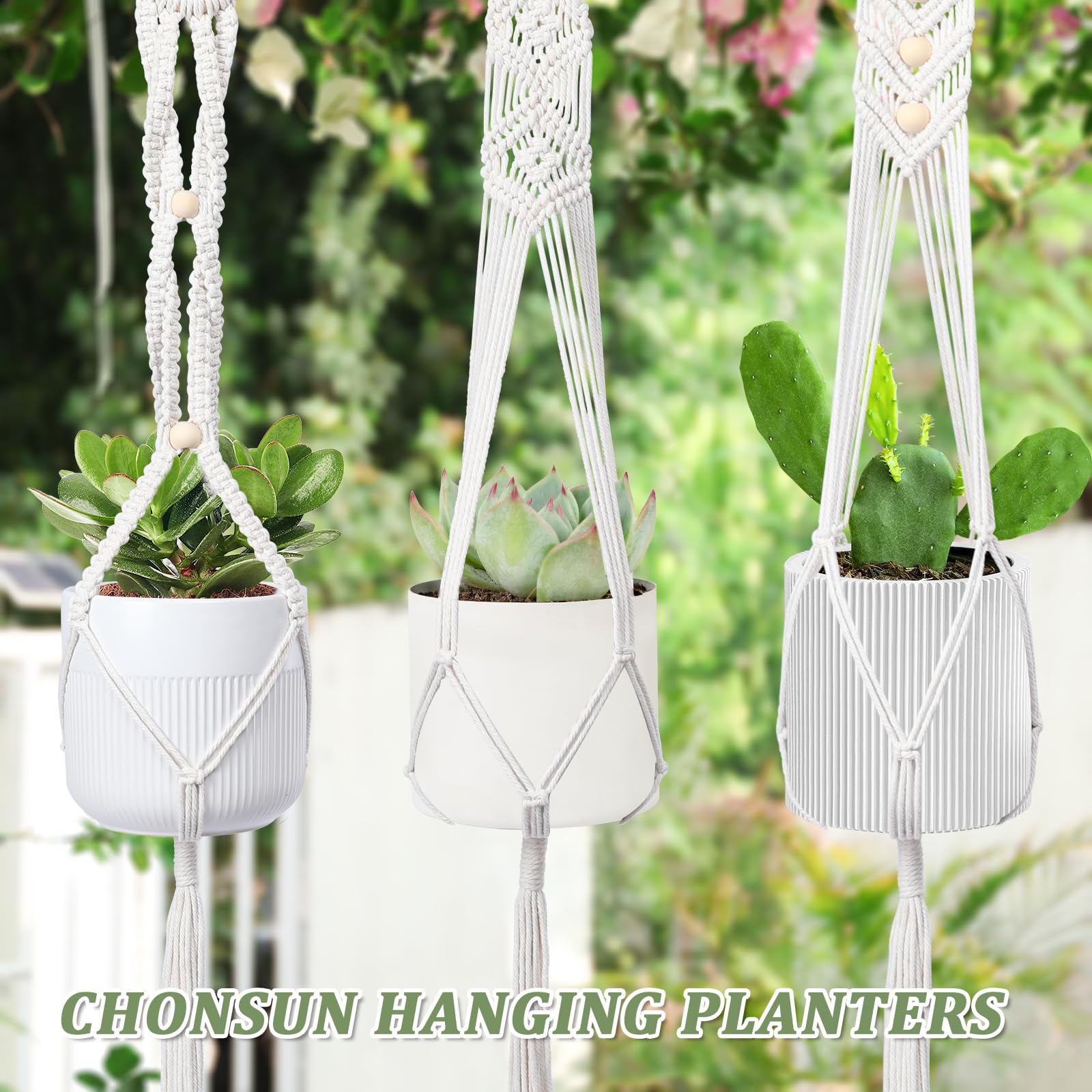3-Pack Macrame Plant Hangers for Indoor & Outdoor Plants - Bohemian Style Wall Hanging Planter with Wood Bead Decor - Perfect for Home, Office, Balcony & Garden Decor (Pots Not Included)