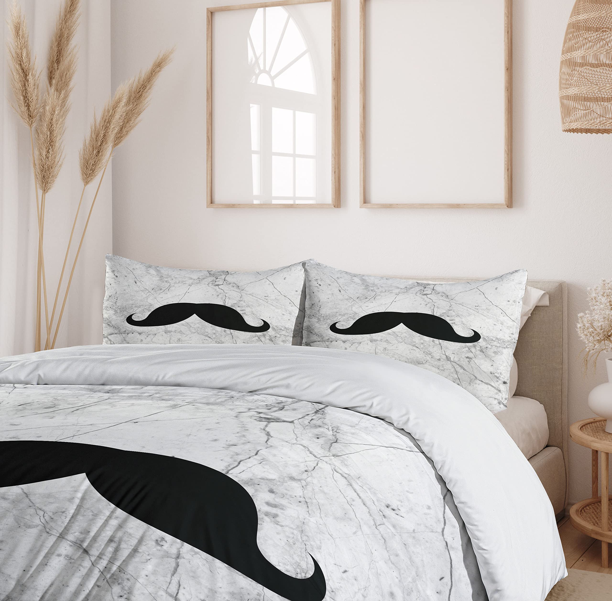 Ambesonne Manly Duvet Cover Set - Retro Mustache Design on Grunge Marble Backdrop, 3-Piece Queen Size Bedding Set with Pillow Shams, Grey Black White | Stylish Home Decor for Men's Bedroom, Perfect Gift for Husband or Boyfriend
