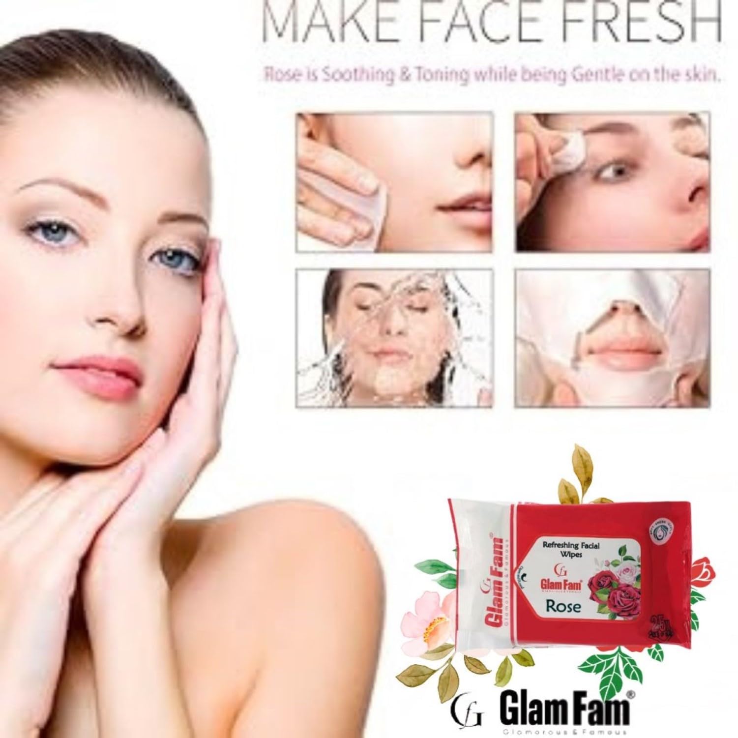 GLAM FAM Pure & Natural Rose Water Face Toner with Aloe Vera Extract | Hydrating Skin Toner & Refreshing Cleansing Wipes Combo Pack | Perfect for Daily Skincare Routine & On-the-Go Refreshment