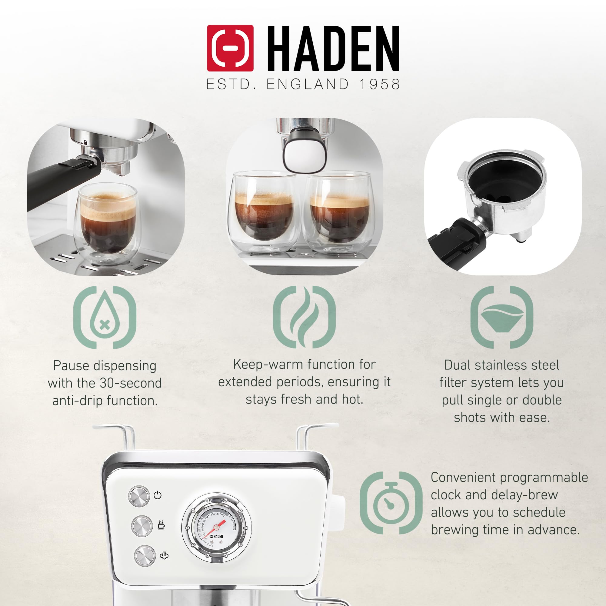 HADEN Barista Brew Espresso Coffee Machine - Stainless Steel Espresso Maker with Milk Frother, Steamer & 1.5L Water Tank, Ivory & Copper - Perfect for Home Baristas & Coffee Lovers