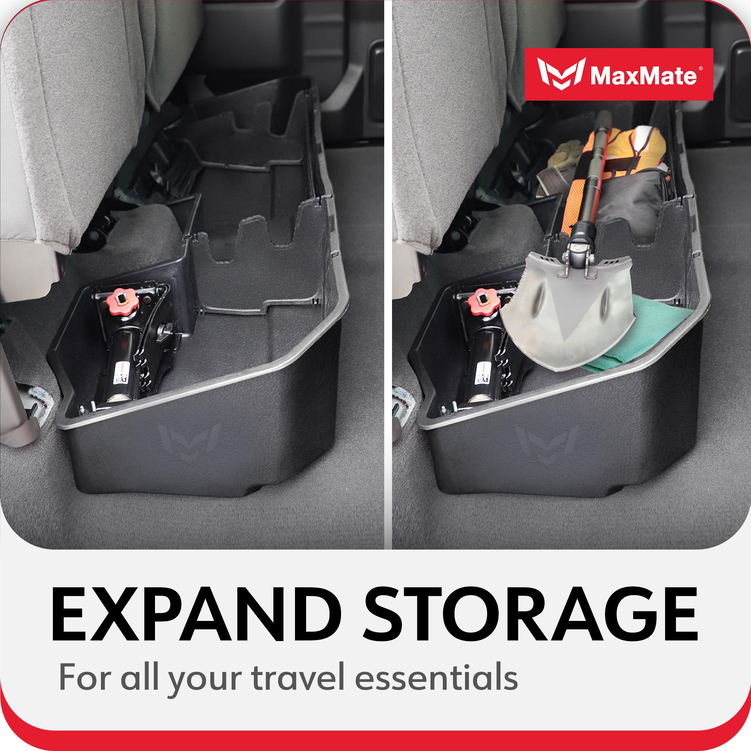 MaxMate Underseat Storage Box for 2019-2025 Chevy Silverado & GMC Sierra 1500/2500/3500 HD | Double & Crew Cab | Black Rear Seat Organizer | Extra Cargo Storage | Perfect for Road Trips, Camping & Work Tools Organization (Model: CB5C2278MX)