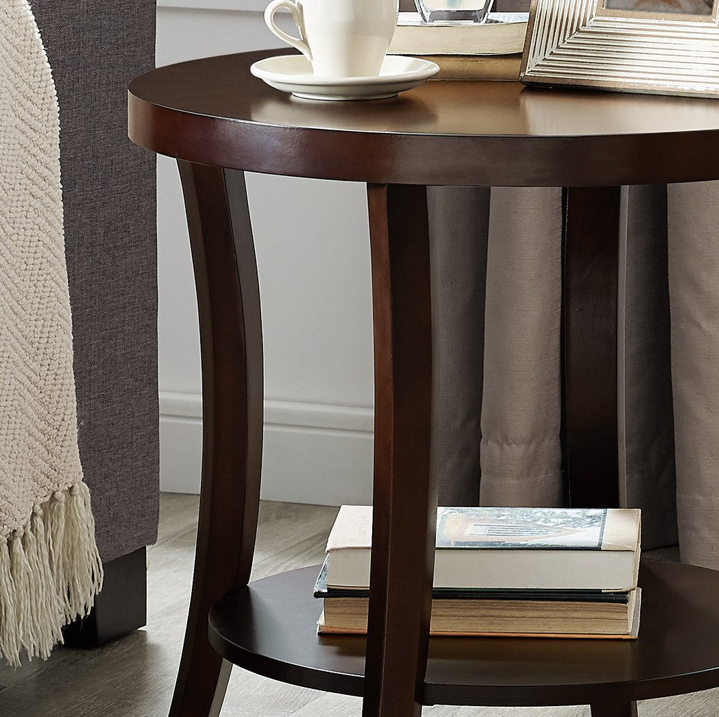 Roundhill Furniture Perth Round End Table with Shelf - Espresso Finish - Side Table for Living Room, Bedroom, or Office