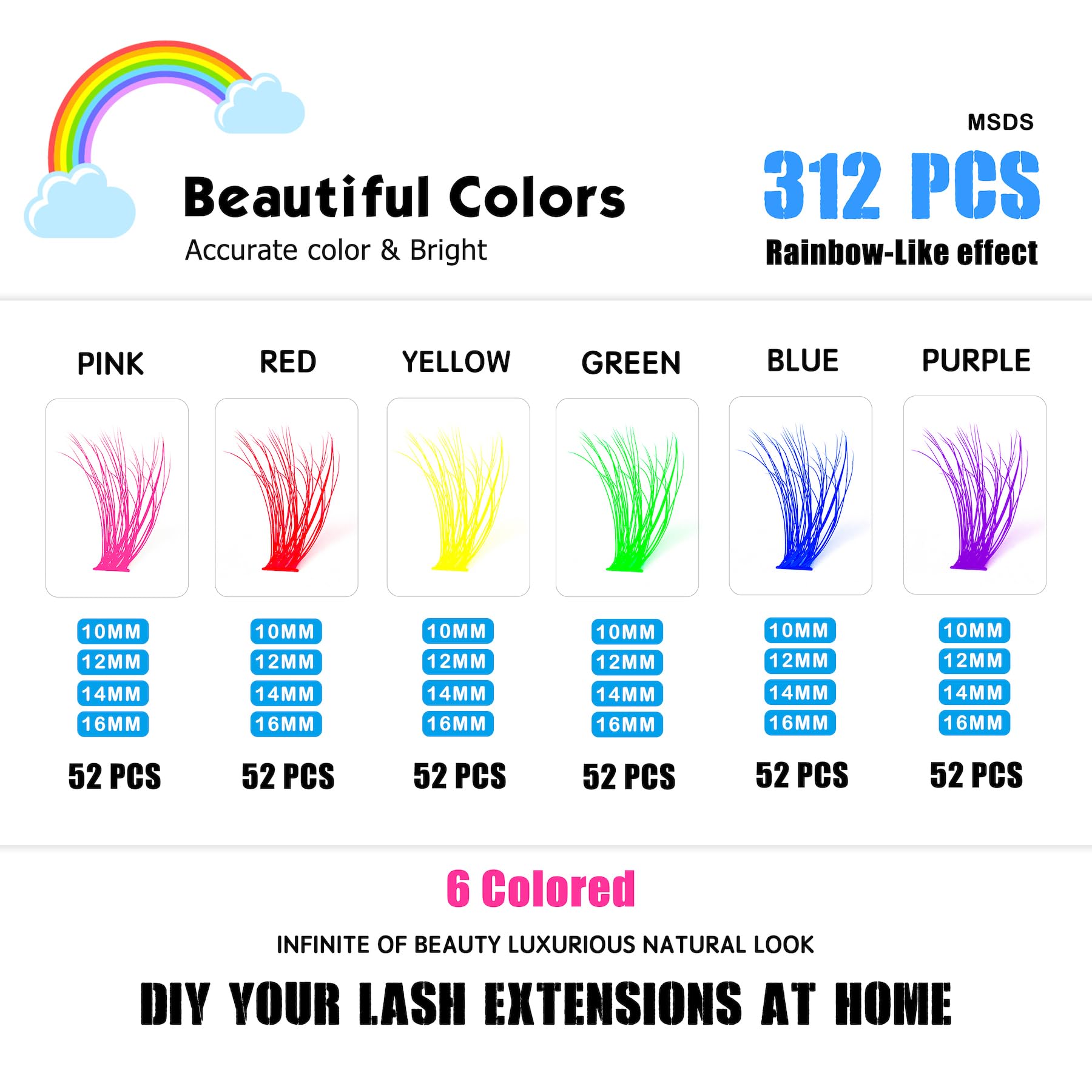 3D Colored Lash Clusters - 40D D Curl Faux Mink Eyelash Extensions - 312Pcs Mixed Lengths (10mm 12mm 14mm 16mm) - 6 Vibrant Colors - DIY Individual Lashes for Fluffy Volume - Perfect for Halloween, Cosplay, Party & Dramatic Eye Makeup Looks