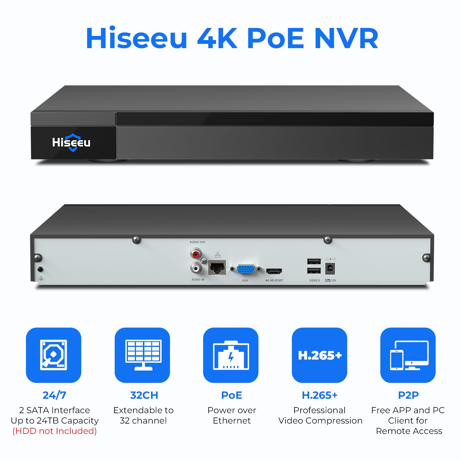 Hiseeu 4K 32 Channel PoE NVR Security System - 24/7 Recording, Motion Detection, Smart Playback - Supports 4K/5MP/4MP/3MP/1080P PoE Cameras (No HDD Included) - Ideal for Home & Business Surveillance
