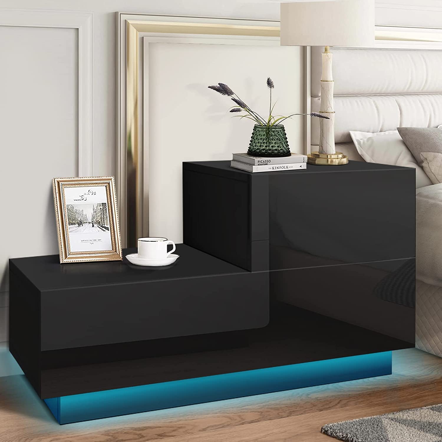 Modern LED Nightstand with 2 High-Gloss Drawers - Bedside Table with Storage Cabinet, Black Home Furniture for Bedroom | Perfect for Small Spaces, Guest Rooms & Apartment Living