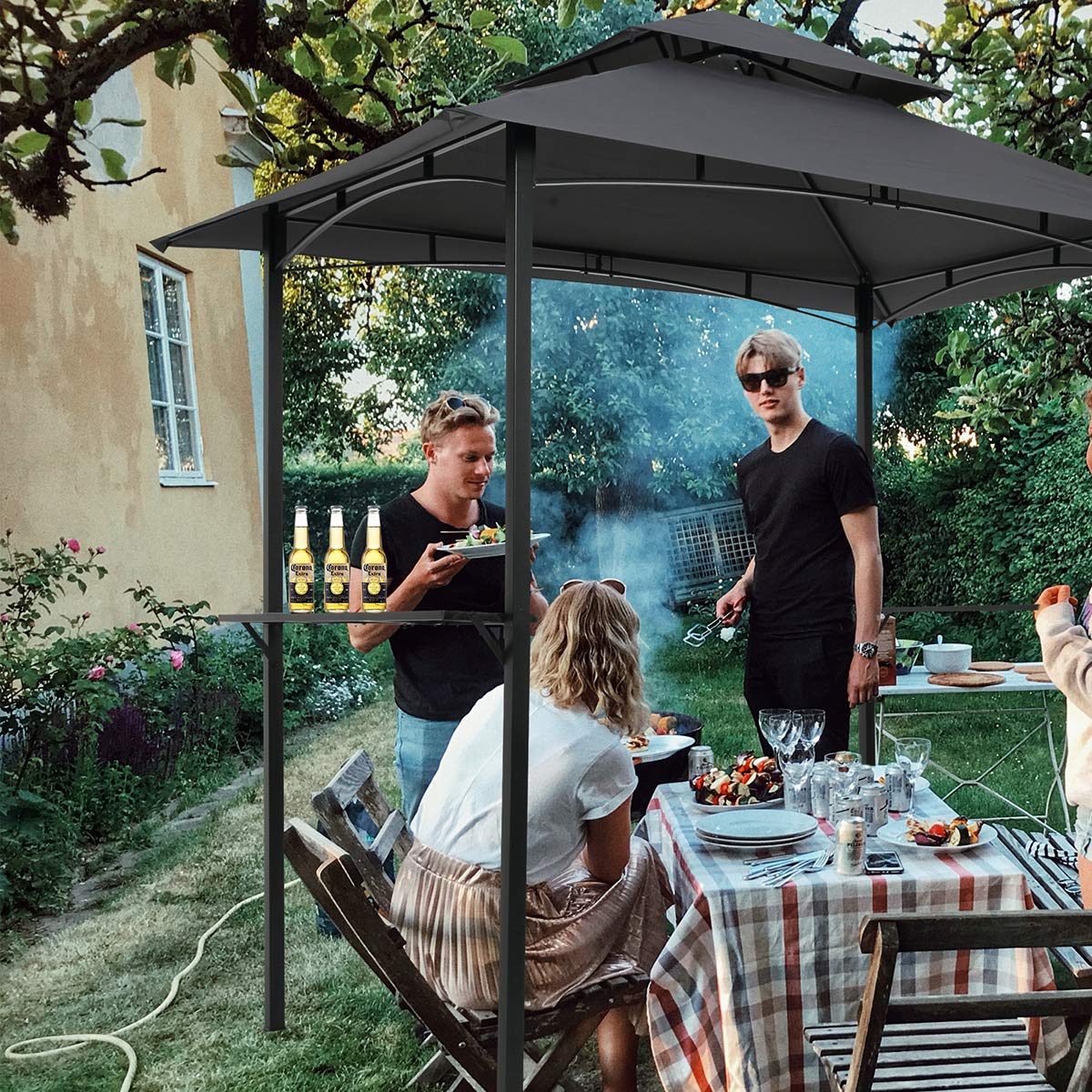 8x5 Ft Heavy Duty Grill Gazebo - Double Tiered Outdoor BBQ Canopy with 2 Side Shelves, Hooks & Bottle Opener - Weather Resistant BBQ Shelter for Patio, Garden, Beach, Backyard & Picnic - Perfect for Summer Cookouts & Outdoor Entertaining (Gray)