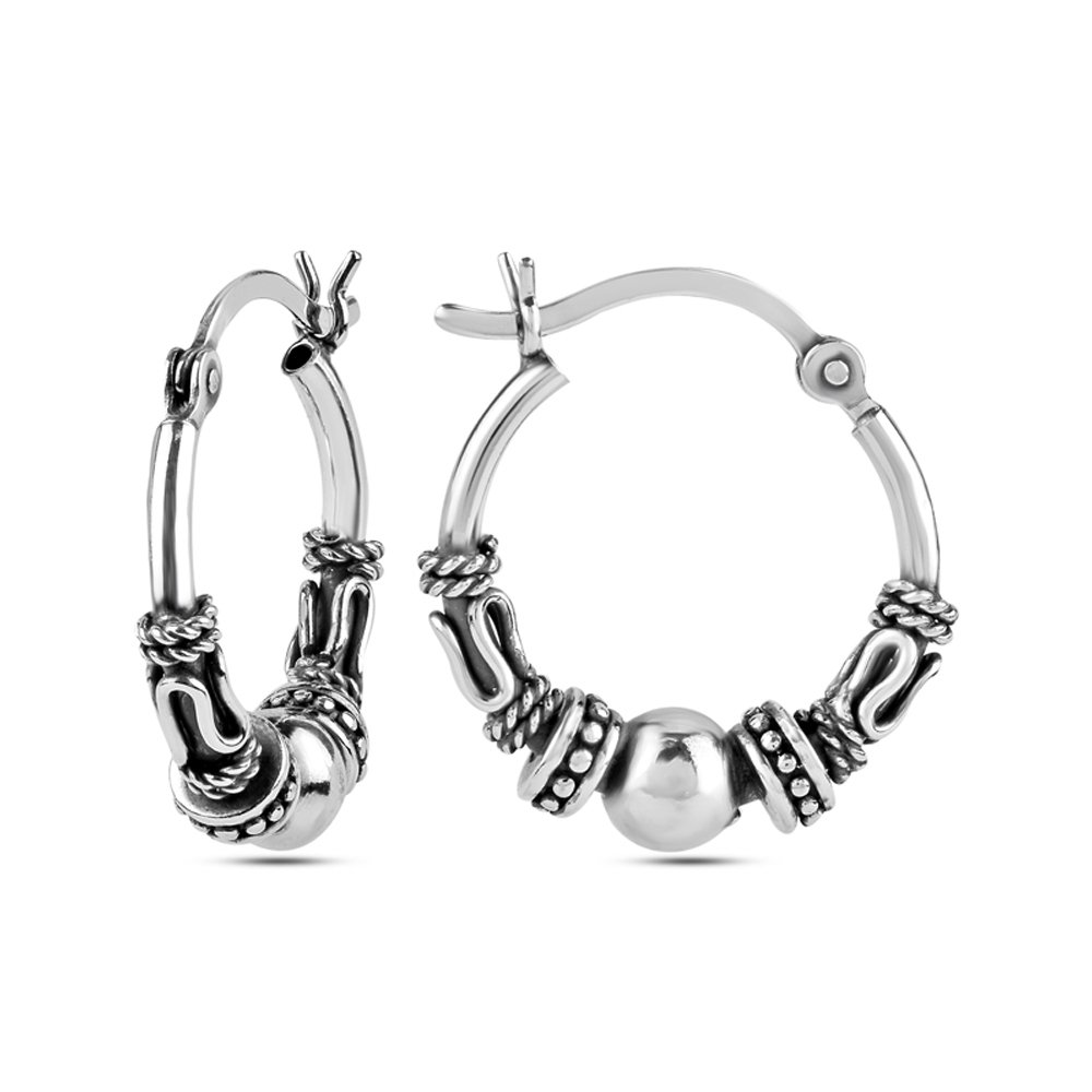 LeCalla 925 Sterling Silver Oxidized Balinese Hoop Earrings - Small Antique Bali Beaded Hoops for Women | Boho Chic Jewelry for Everyday Wear & Special Occasions
