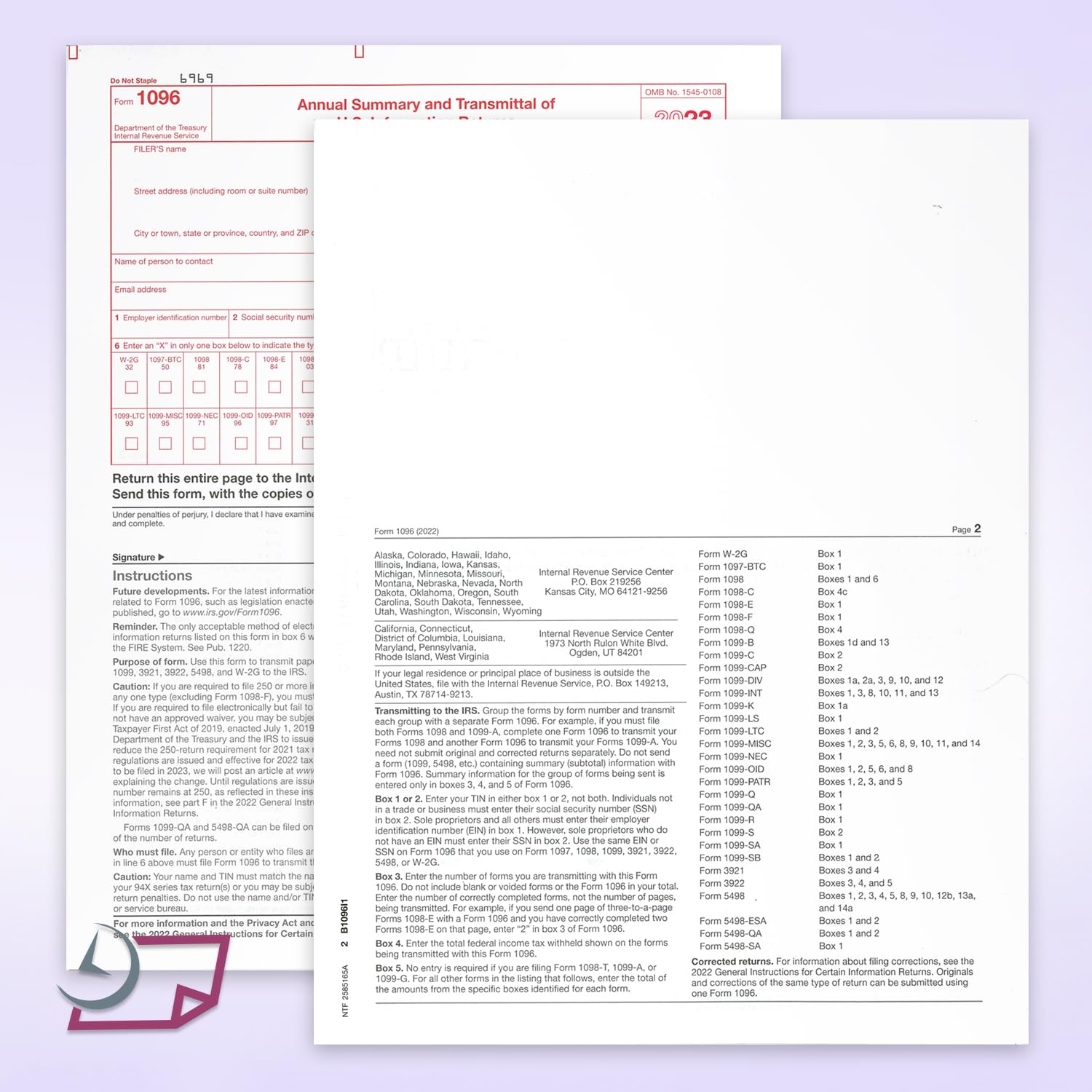 NextDayLabels - 2023 Tax Form 1096 Transmittal for Laser & Inkjet Printers - QuickBooks & Accounting Software Compatible (10-Pack) - Perfect for Small Business Tax Filing & IRS Document Submission