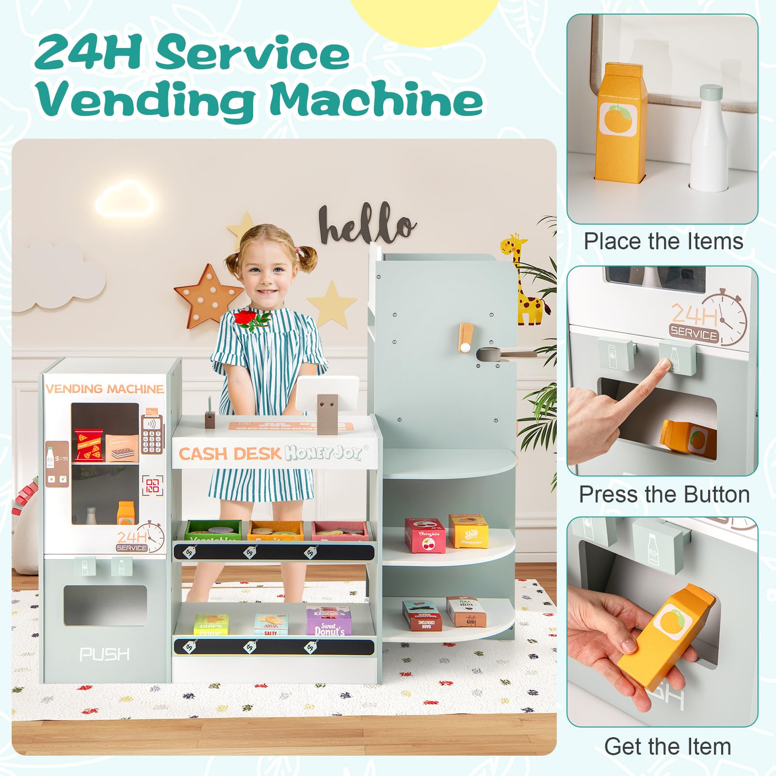 HONEY JOY Wooden Kids Grocery Store Playset with Coffee Maker, Vending Machine & Cash Register - Pretend Play Supermarket Toy with Display Shelves & Play Food for Toddlers - Perfect for Role Play, Early Learning & Social Skills Development at Home or Preschool