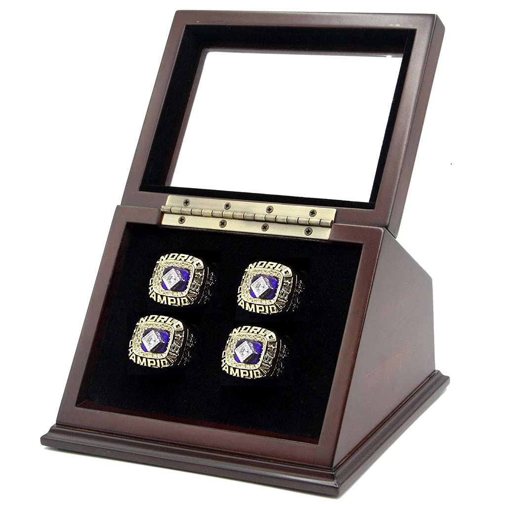4 Slots Championship Rings Wooden Display Case with Slanted Glass Window - Football, Basketball, Hockey Sports Trophy Shadow Box for Collectors & Fans (Rings Not Included) - Perfect for Showcasing Memorabilia in Home, Office or Sports Bar