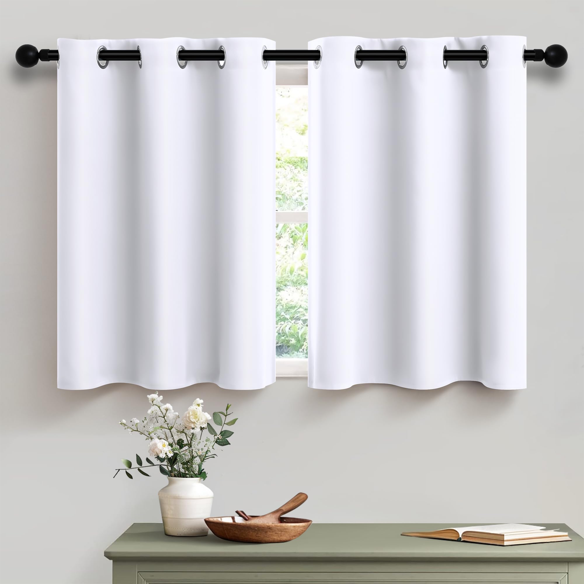 36 Inch Thermal Insulated White Grommet Curtains for Kitchen, Bedroom & Bathroom - Sunlight Blocking Short Drapes, 1 Pair - Perfect for Basement Windows, Small Tier Cabinets & Sun Protection