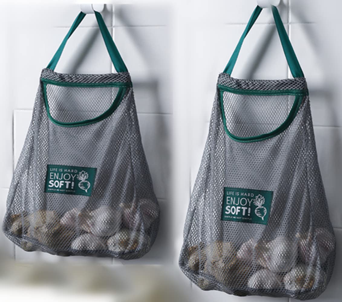 Eco-Friendly Reusable Mesh Produce Bags - Washable Hanging Storage Organizer for Fruits, Vegetables & Groceries | Perfect for Kitchen, Pantry & Zero-Waste Shopping (Pack of 2)