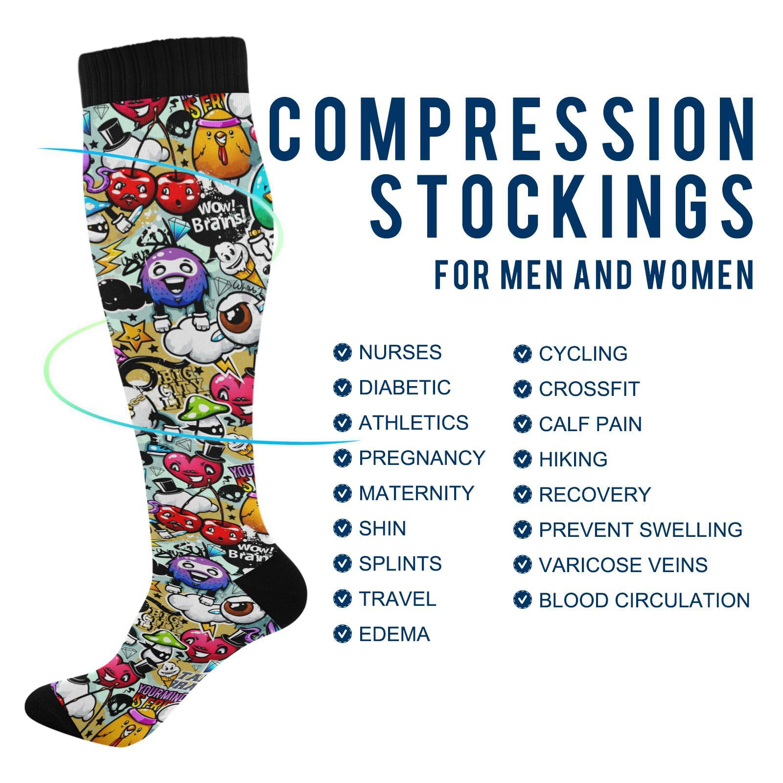JUNZAN Compression Knee High Socks for Men & Kids - Graffiti Design Athletic Socks for Running, Sports, Nursing - Breathable Support Socks for Workout, Hospital Shifts & Daily Wear