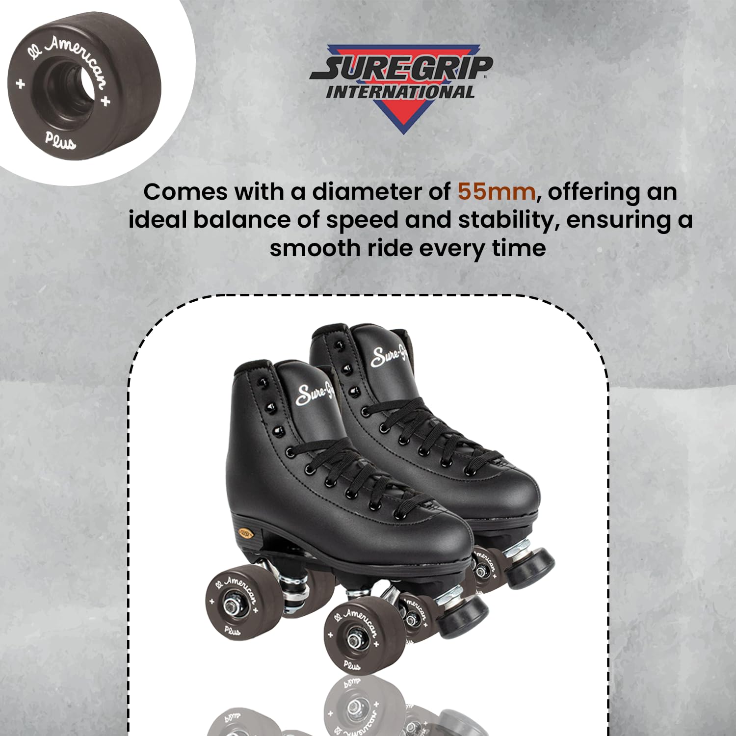 Sure-Grip All American Plus Indoor Black Wheels - 55mm Vanathane Technology - Tough, Lightweight Hard Rink Wheels - Ideal for Beginners - Set of 8 - Perfect for Roller Skating, Roller Derby, and Indoor Rinks