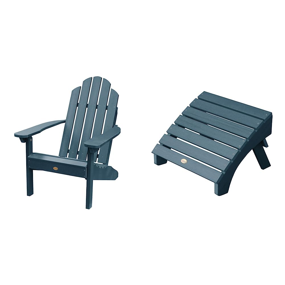 Highwood Classic Westport Adirondack Chair with Ottoman - Nantucket Blue - Weather-Resistant Outdoor Patio Furniture for Garden, Poolside & Backyard Relaxation