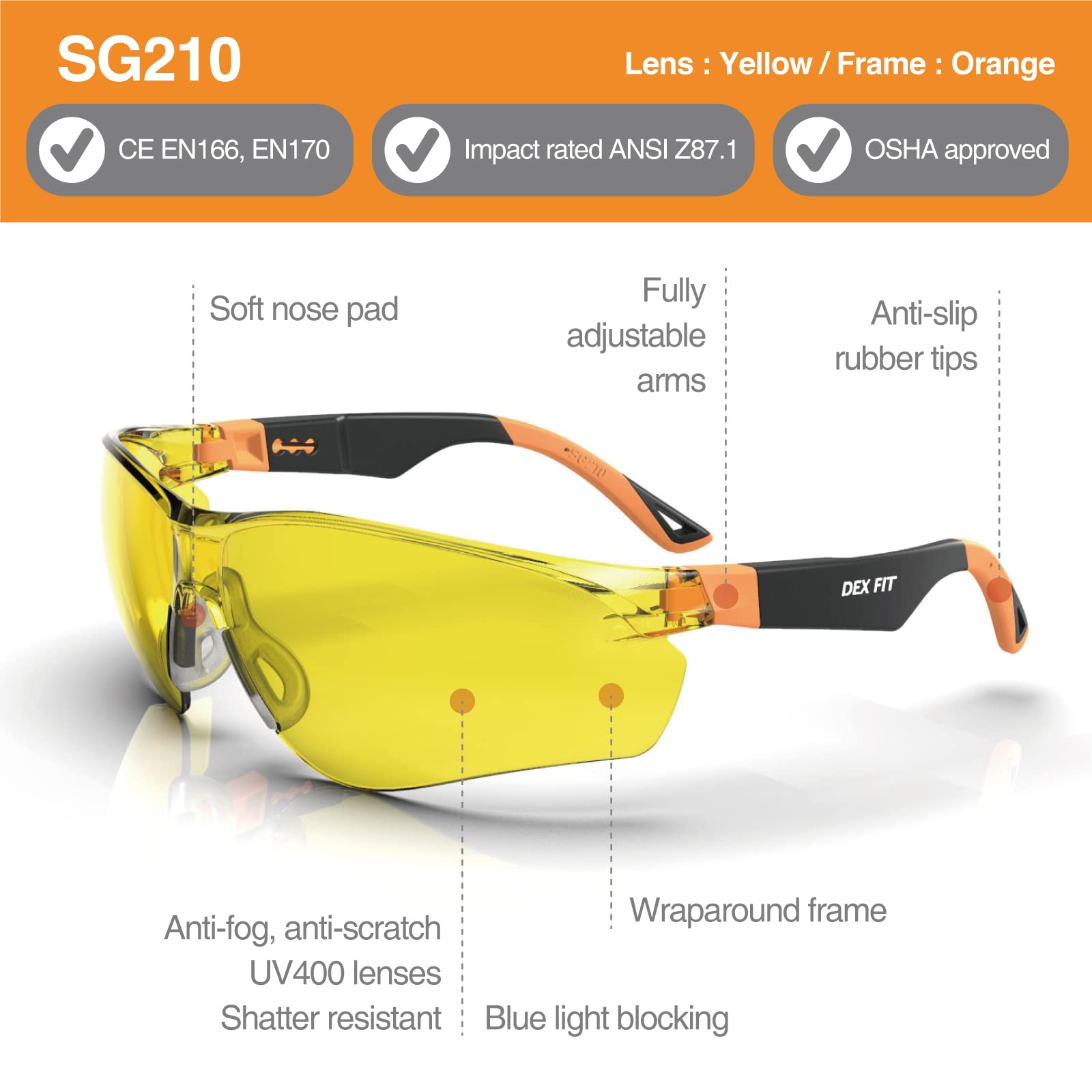 DEX FIT Safety Glasses SG210 - ANSI Z87.1 Certified Protective Eyewear for Men & Women | Anti-Fog, Scratch Resistant, UV & Blue Light Protection | Adjustable Black/Orange Frame with Yellow Lens | Perfect for Construction, Lab Work & Outdoor Activities