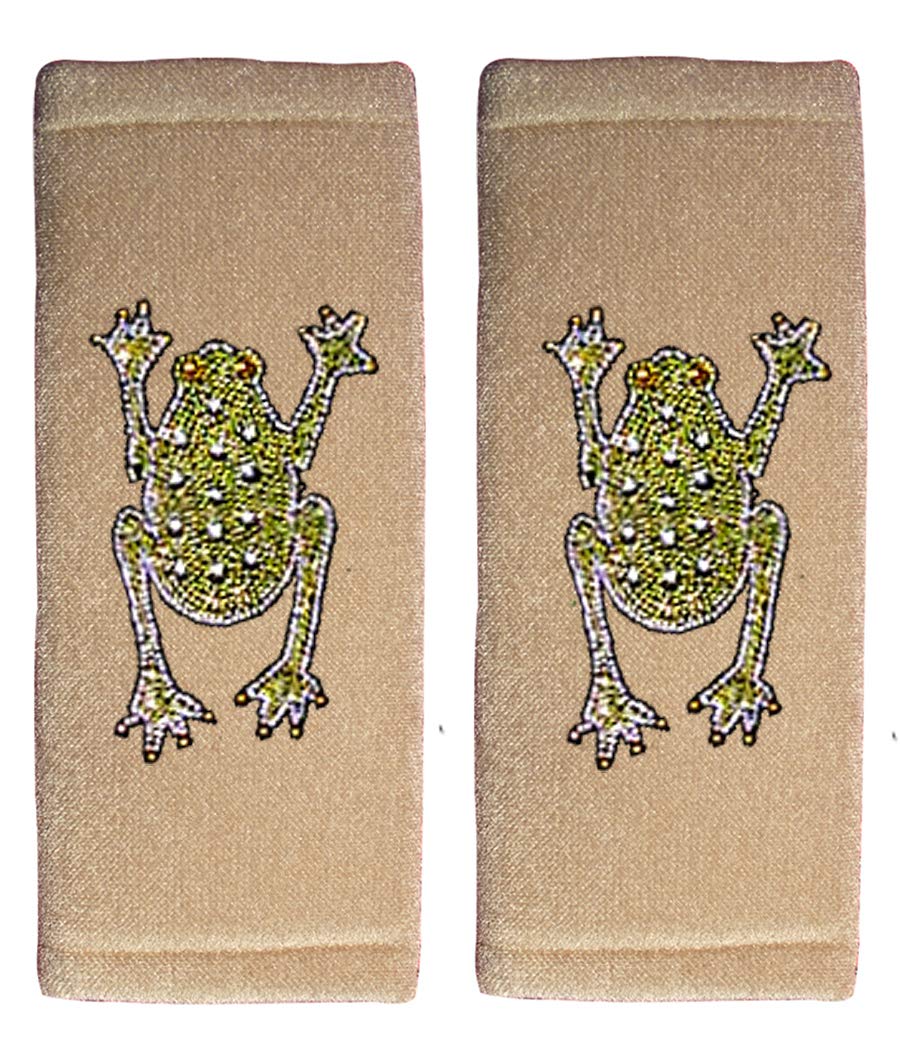 Sparkling Rhinestone Studded Seat Belt Cover & Shoulder Pad Cushion for Cars & Trucks - Pair (Frog/Beige) | Stylish Car Accessory for Comfort & Protection During Long Drives