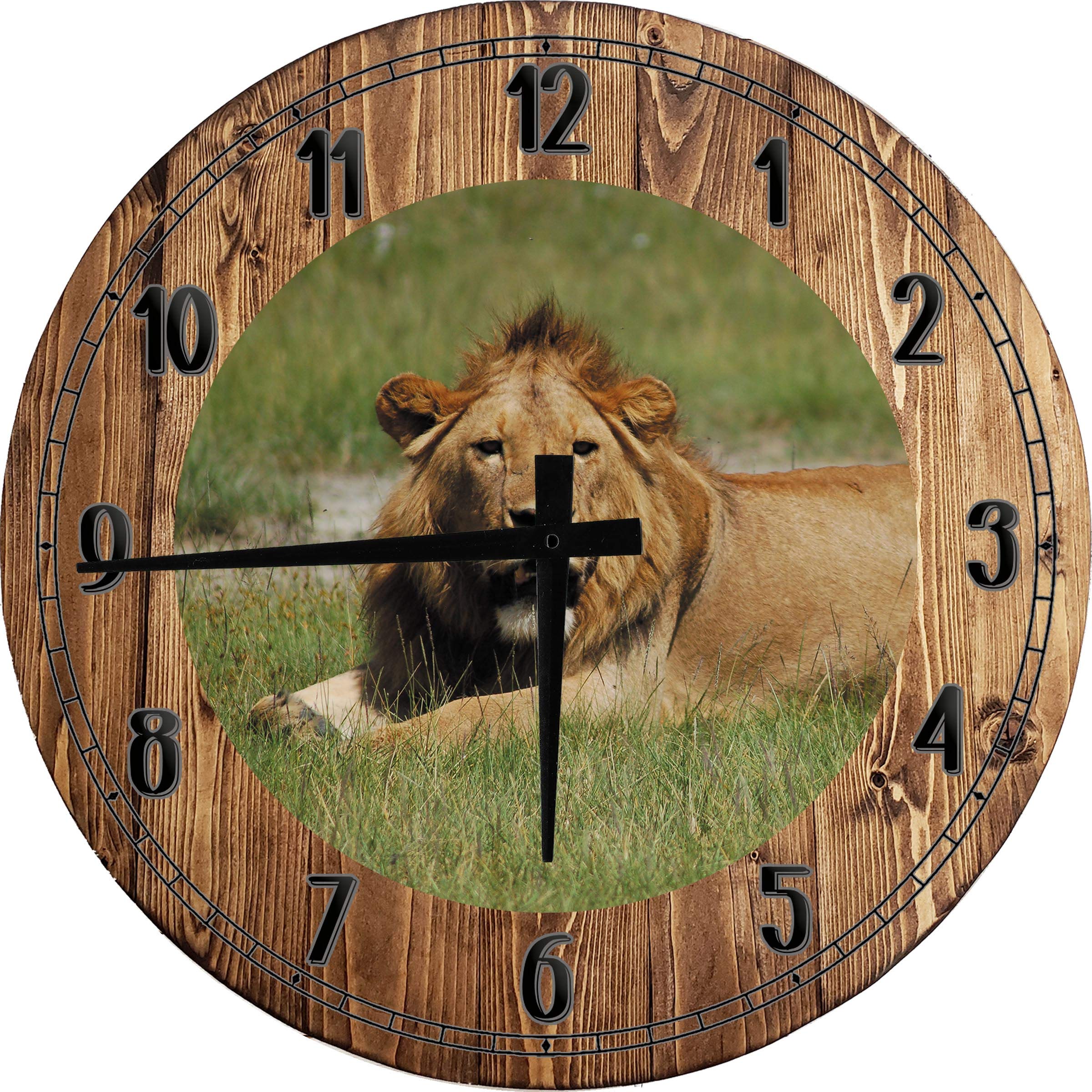24 Inch Safari Lion Wall Clock - Large Round Battery Operated Lion Laying in Grass Wall Art Decor for Living Room, Bedroom & Office