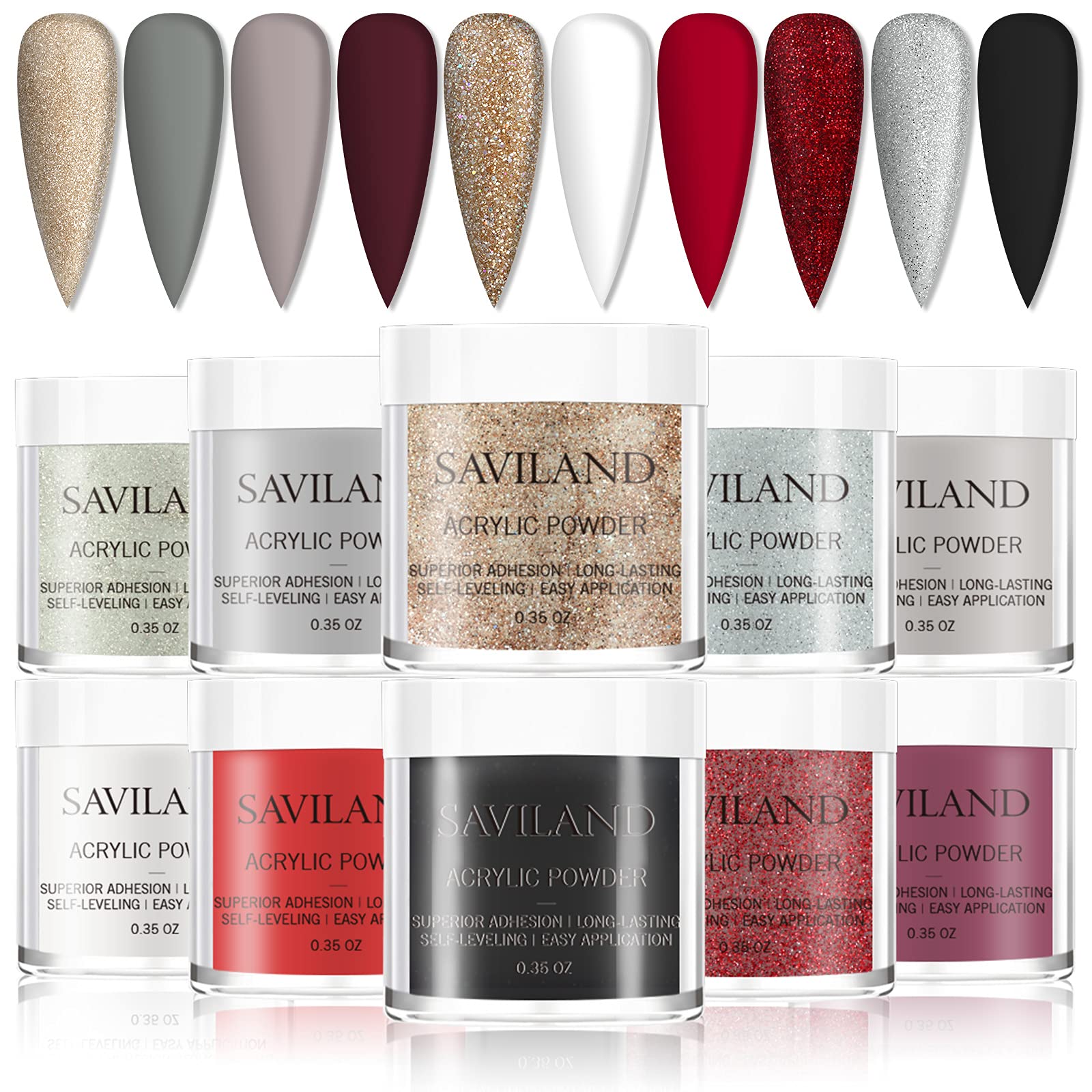 Saviland 10 Colors Acrylic Nail Powder Set with Glitter - Professional Polymer Powder for Nail Extensions, Prom Queen Series - Perfect for Salon, DIY Manicures & Special Occasions