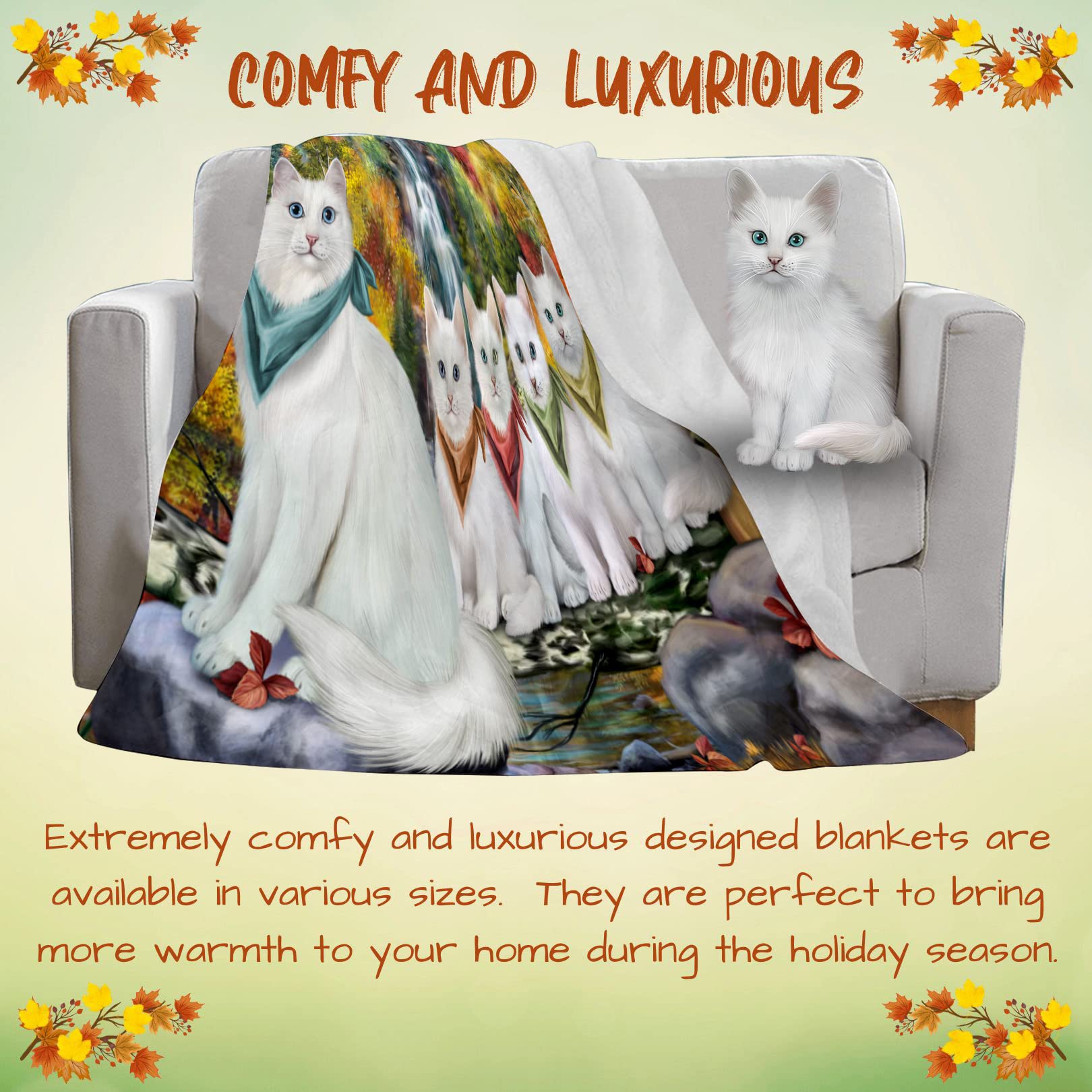 Turkish Angora Cat Waterfall Blanket - Lightweight Soft Cozy Woven Throw for Sofa, Couch & Bed - Durable Animal Theme Fuzzy Blanket 50x60 Inches - Perfect for Home Decor, Gift Giving & Pet Lovers