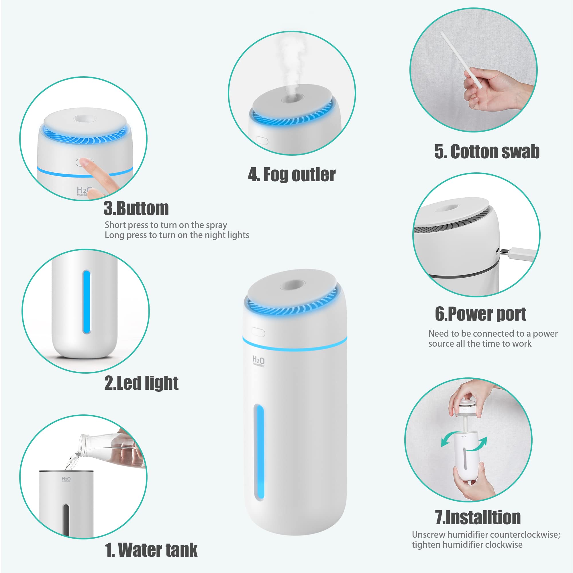 400ML USB Cool Mist Humidifier - Small Portable Personal Air Humidifier for Bedroom, Nightstand, Office Desk, Travel & Car | Quiet Operation with Auto Shut-off & LED Lights | Perfect for Dry Air Relief, Plant Care & Better Sleep