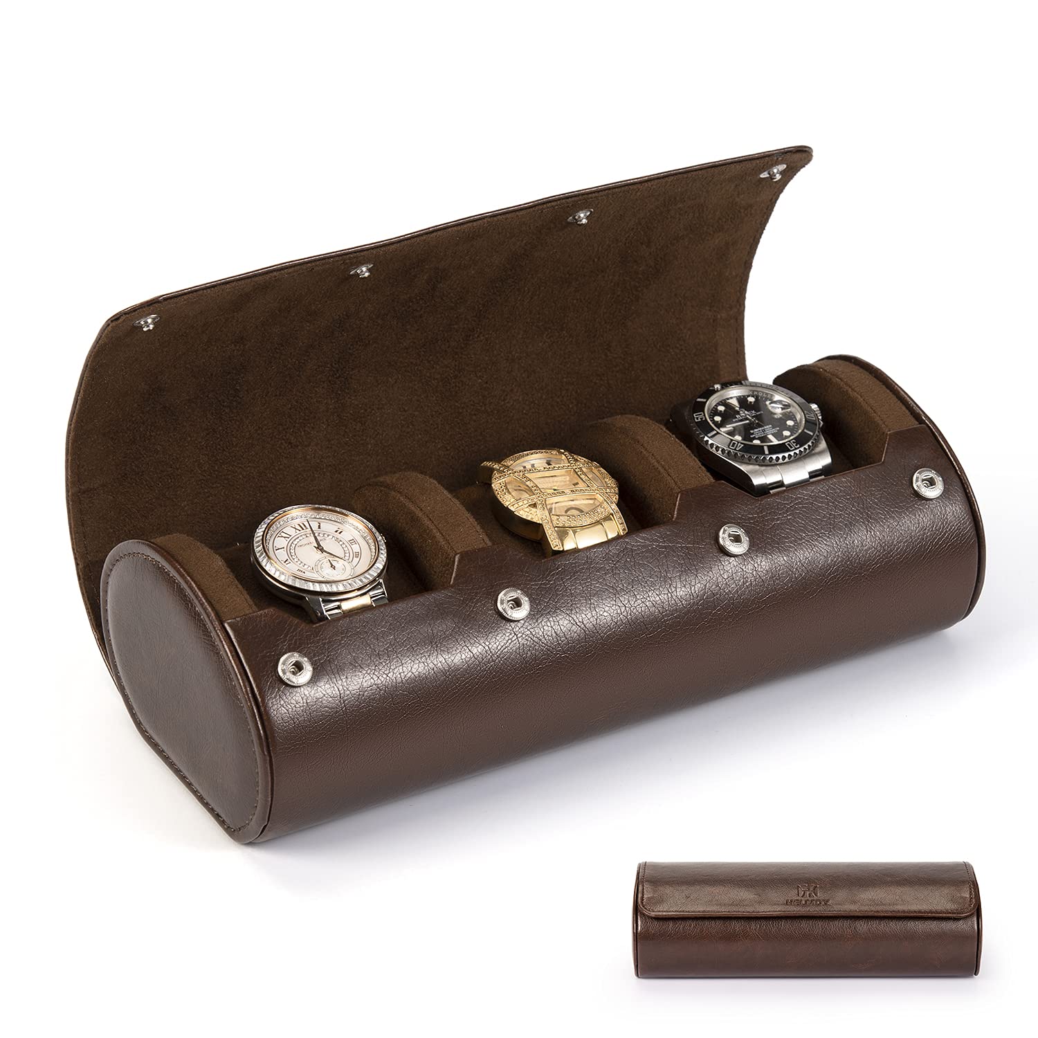 Premium 3-Slot Watch Roll Travel Case for Men - Leather Watch Storage & Display Organizer Fits All Wristwatches & Smartwatches Up to 50mm (Dark Brown) - Perfect for Travel, Business Trips & Watch Collection Storage
