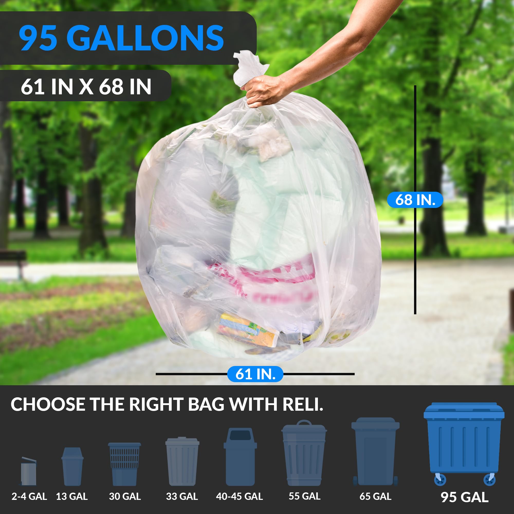 Reliable 95 Gallon Heavy Duty Trash Bags - 30 Count Super Size Clear Garbage Bags for Commercial & Home Use - Perfect for Construction Sites, Yard Waste & Large Cleanups