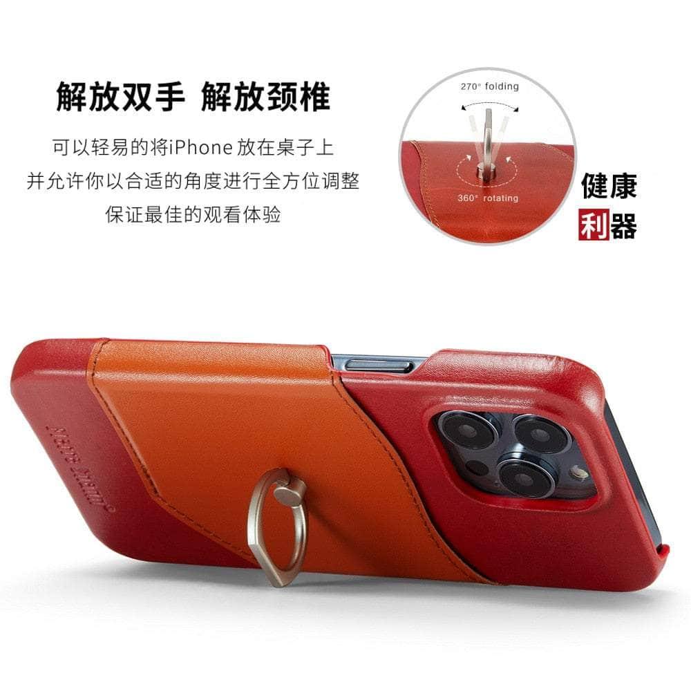 360° Rotating iPhone 15 Pro Max Case with Ring Kickstand - Genuine Leather Protective Cover for Hands-Free Viewing, Video Calls & Photography