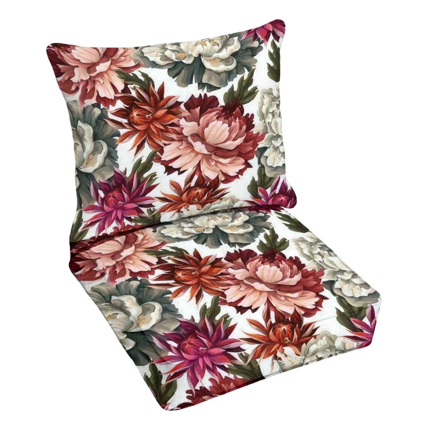 Premium Outdoor Deep Seating Cushion Set - Vintage Floral Design with Peonies, Roses & Chrysanthemums - Waterproof Patio Furniture Replacement Cushions for Lounge Chairs, Conversation Sets - Perfect for Backyard, Garden & Poolside Relaxation