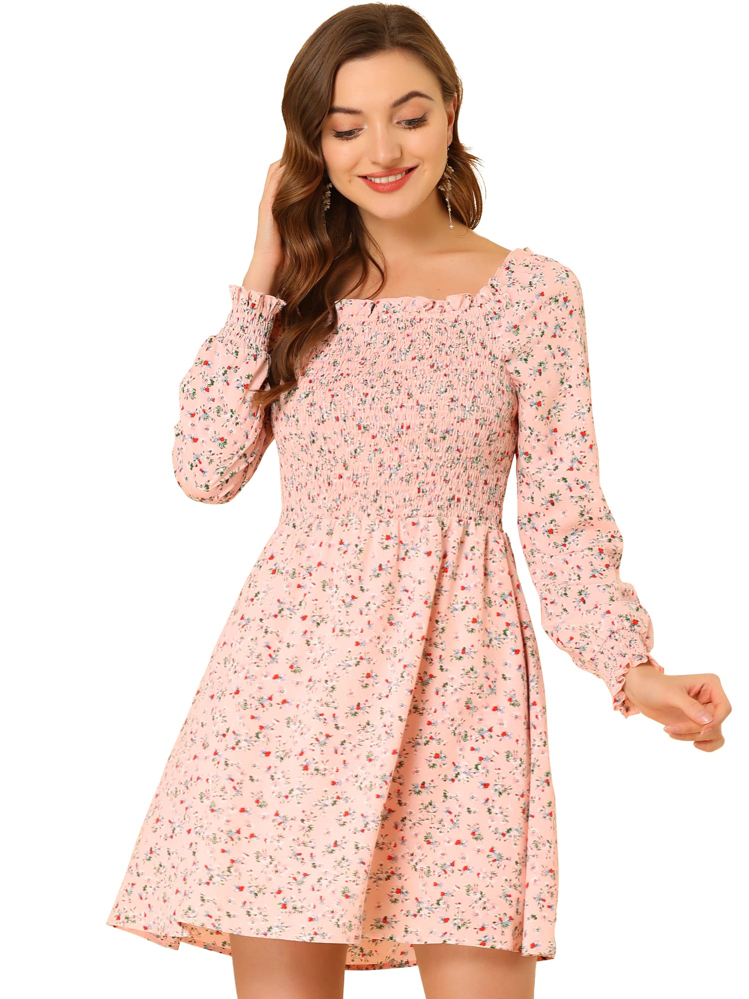 Allegra K Women's Floral Smocked Mini Dress with Square Neck & Long Sleeves - Perfect for Valentine's Day, Date Nights & Spring Weddings