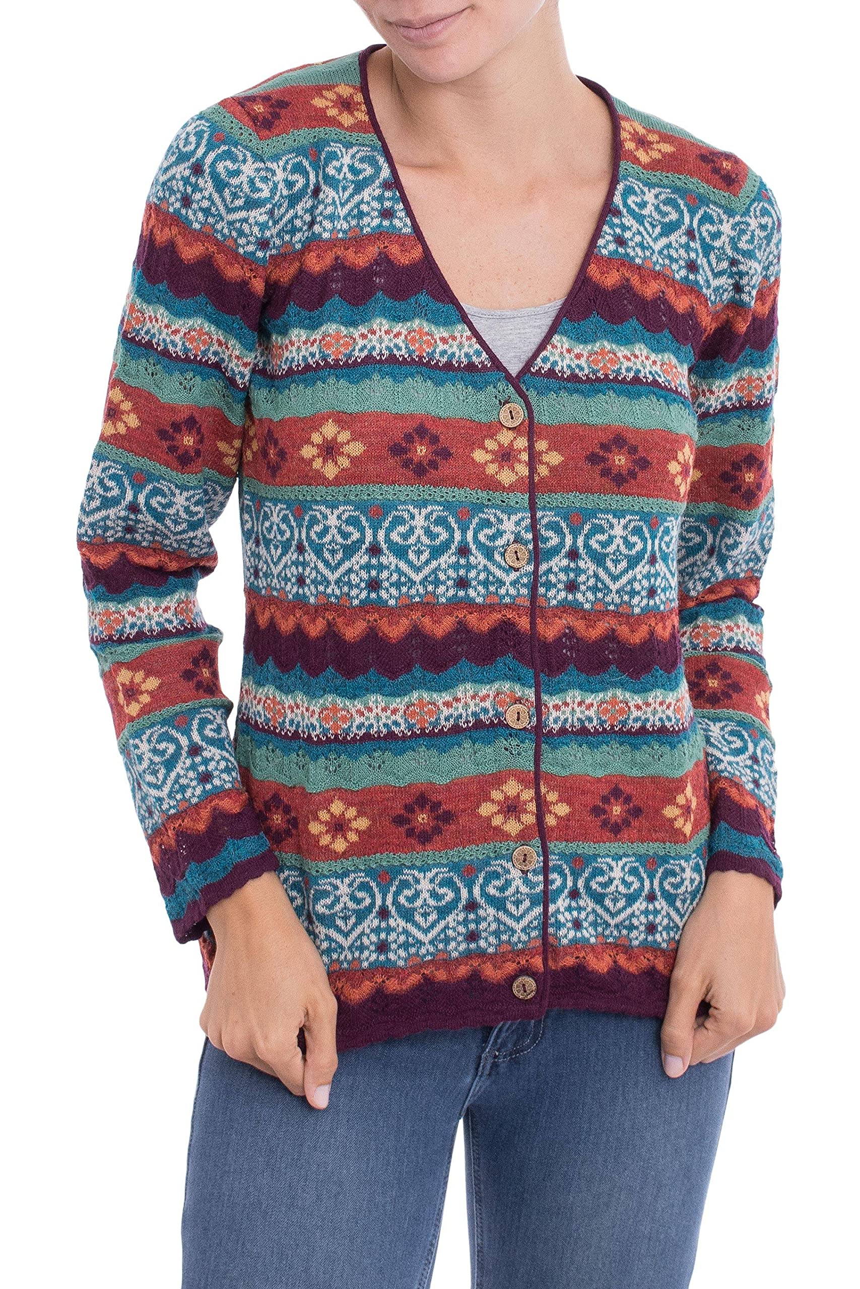 NOVICA Multicolor 100% Baby Alpaca Cardigan for Women - Handmade Layered Intricate Knit Sweater - Cozy Winter Fashion & Casual Outfit Essential