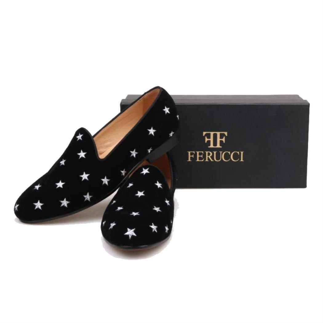 FERUCCI Handmade Men's Black Velvet Loafers with Silver Star Design - Comfortable House Slippers for Indoor/Outdoor Wear, Perfect Gift for Dad & Husband (Home, Office, Travel)