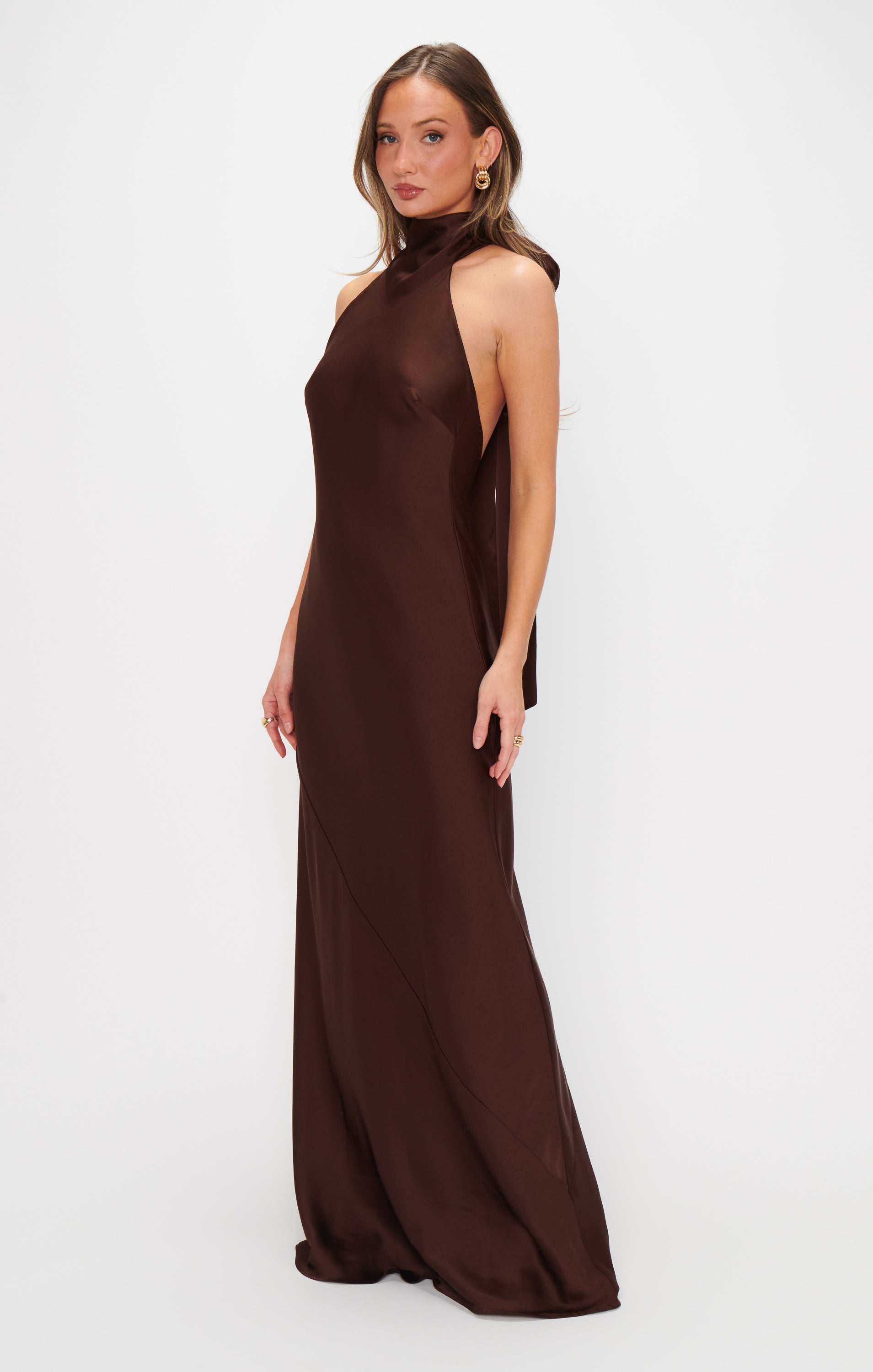 Lisa Maxi Dress - Chocolate Luxe Satin Long Evening Gown for Women, Elegant Formal Dress for Parties, Weddings & Special Occasions