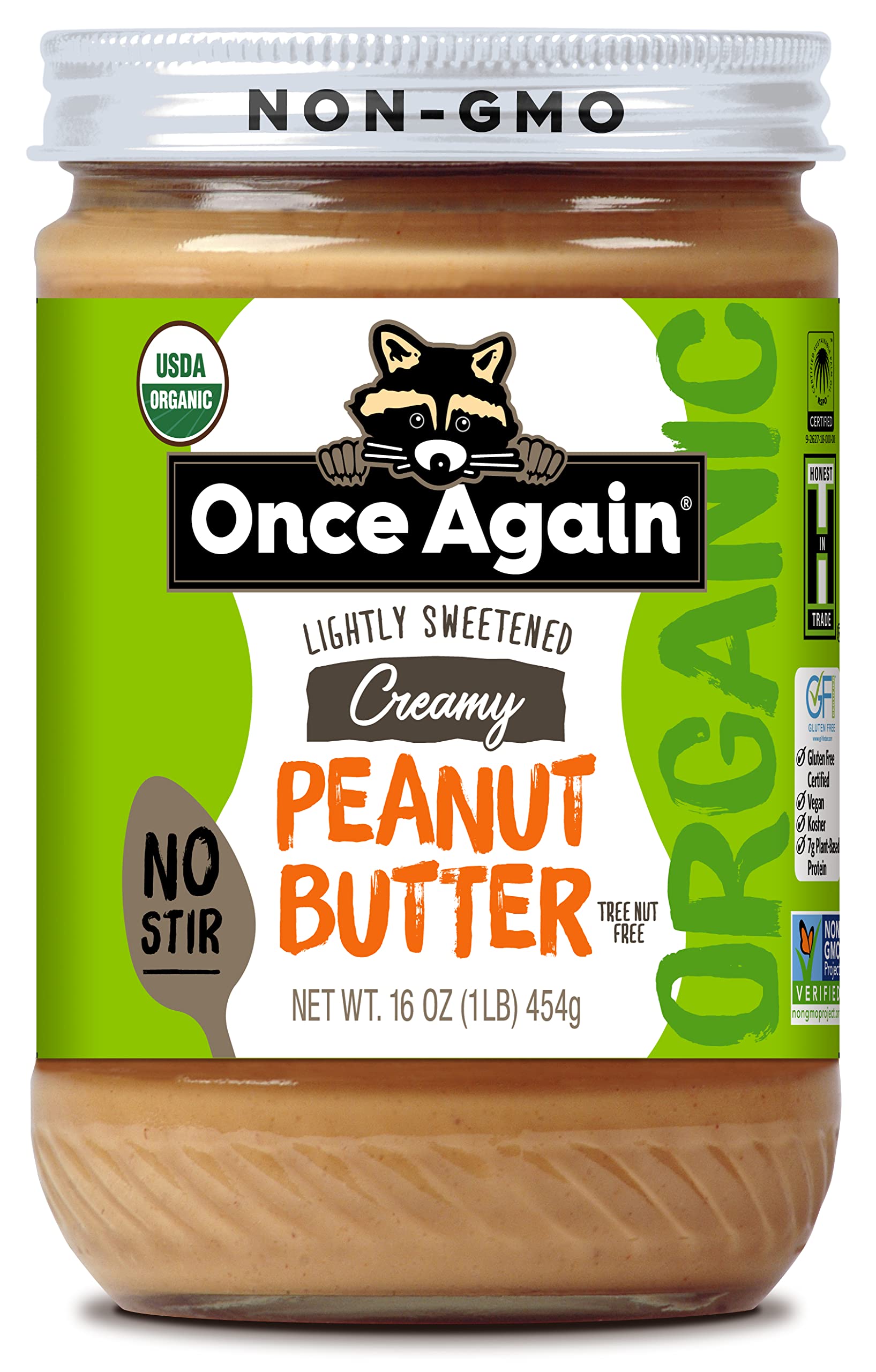 Once Again Organic Creamy Peanut Butter, 16oz Jar - No Stir, Lightly Sweetened & Salted - USDA Organic, Gluten Free, Vegan, Kosher Certified - Perfect for Sandwiches, Smoothies & Healthy Snacks