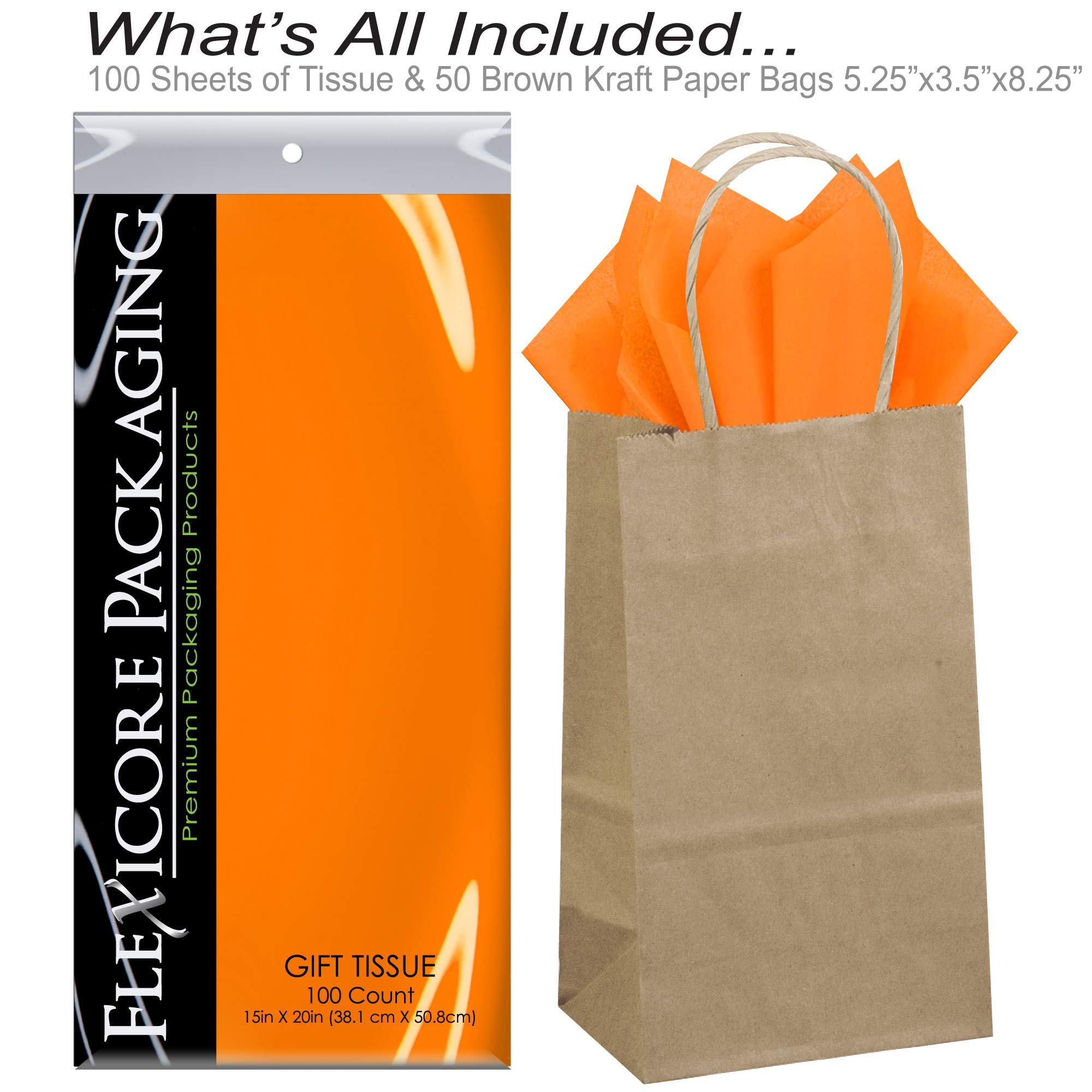 Flexicore Packaging® 50-Pack Natural Brown Kraft Paper Gift Bags with 100-Piece Tangerine Orange Tissue Paper Set - Perfect for Birthday, Wedding & Party Favor Packaging