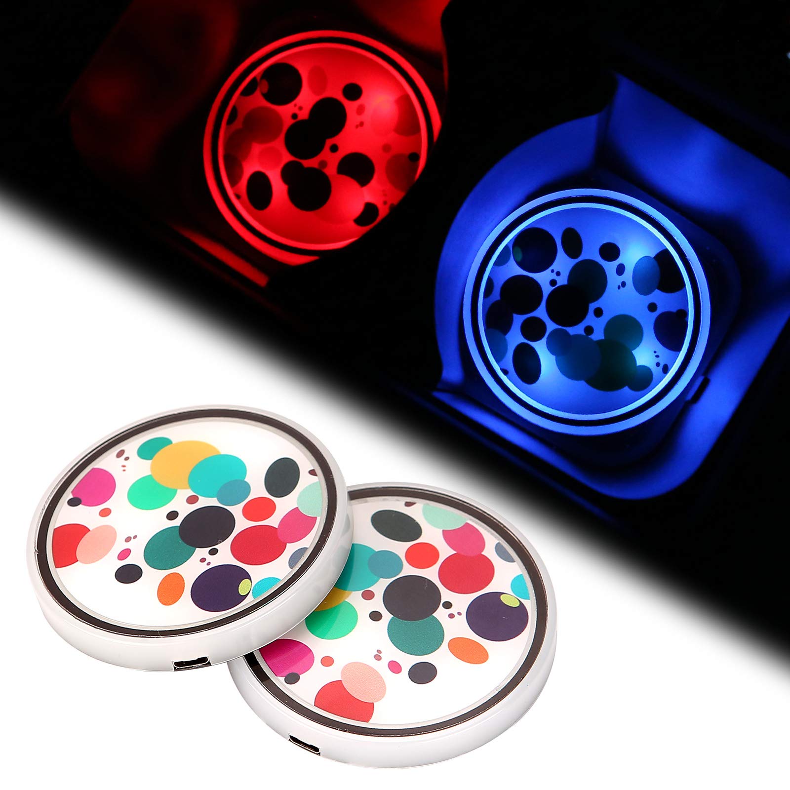 2 Pack LED Cup Holder Lights with 7 Color Changing Modes - USB Charging Car Coaster & Interior Atmosphere Lamp - Perfect for Night Driving, Car Decor, and Party Ambiance Lighting