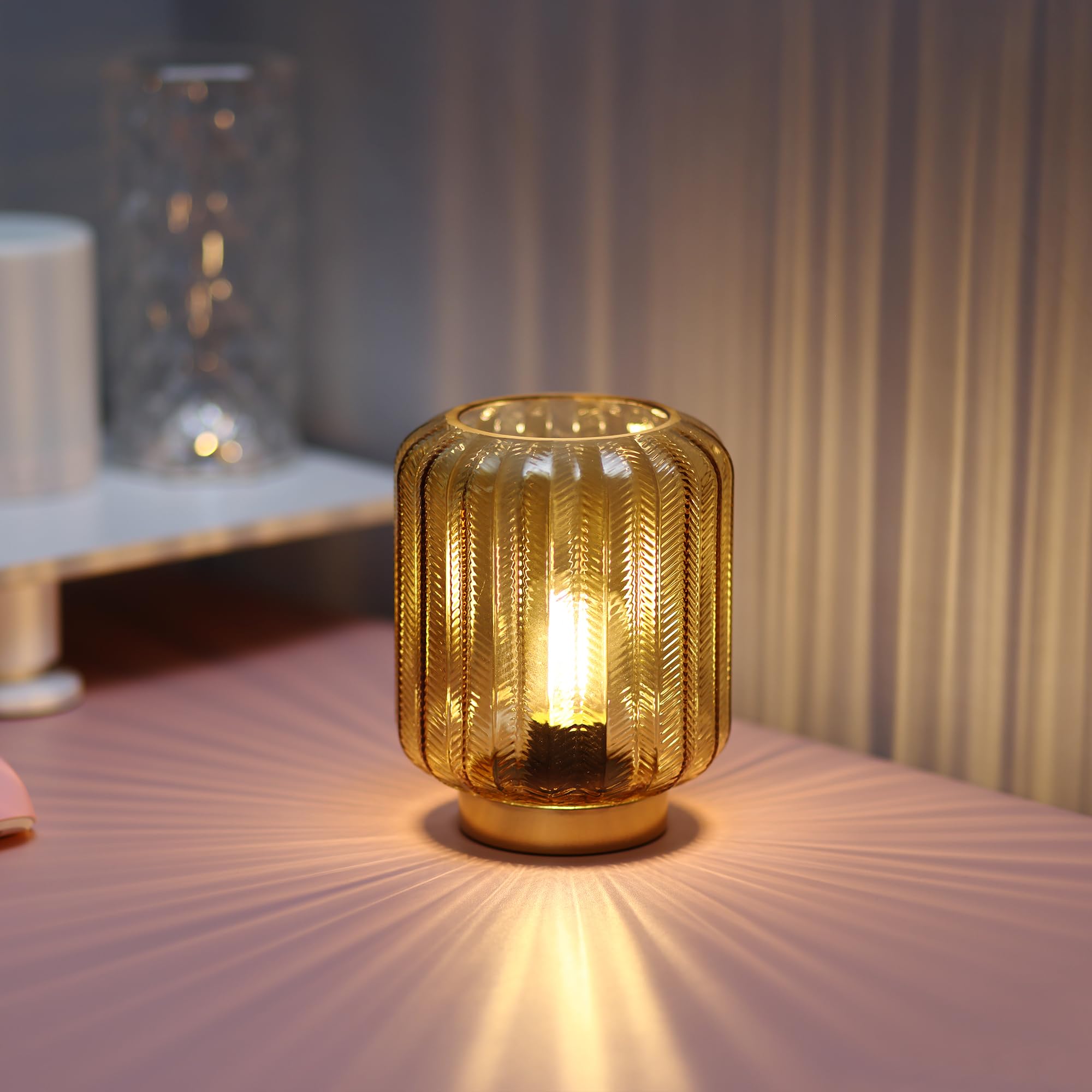Modern Battery Operated Table Lamp - Gold Glass LED Decorative Lighting for Living Room, Bedroom, Office & Nightstand - Perfect for Reading, Relaxing & Home Decor