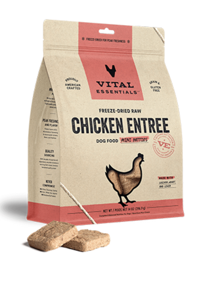 Vital Essentials Freeze Dried Raw Chicken Mini Patties Grain-Free Dog Food - 14oz (396.8g) | High Protein Natural Treats for Small & Medium Dogs | Perfect for Training, Travel & Digestive Health